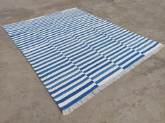 Handmade Cotton Area Flat Weave Rug, 8x10 Blue And White Striped Indian Dhurrie