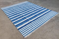 Handmade Cotton Area Flat Weave Rug, 8x10 Blue And White Striped Indian Dhurrie