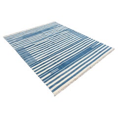 Handmade Cotton Area Flat Weave Rug, 8x10 Blue And White Striped Indian Dhurrie