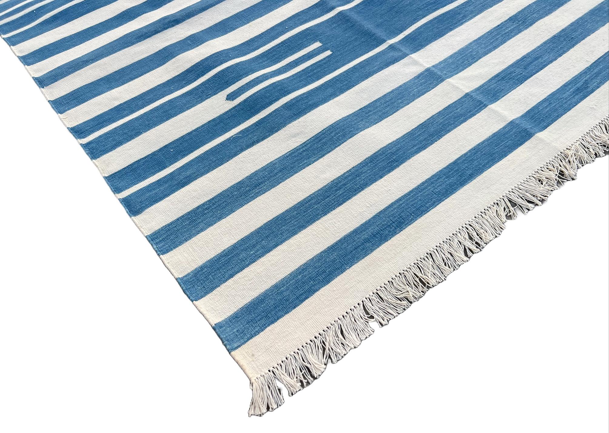 Mid-Century Modern Handmade Cotton Area Flat Weave Rug, 8x10 Blue And White Striped Indian Dhurrie For Sale