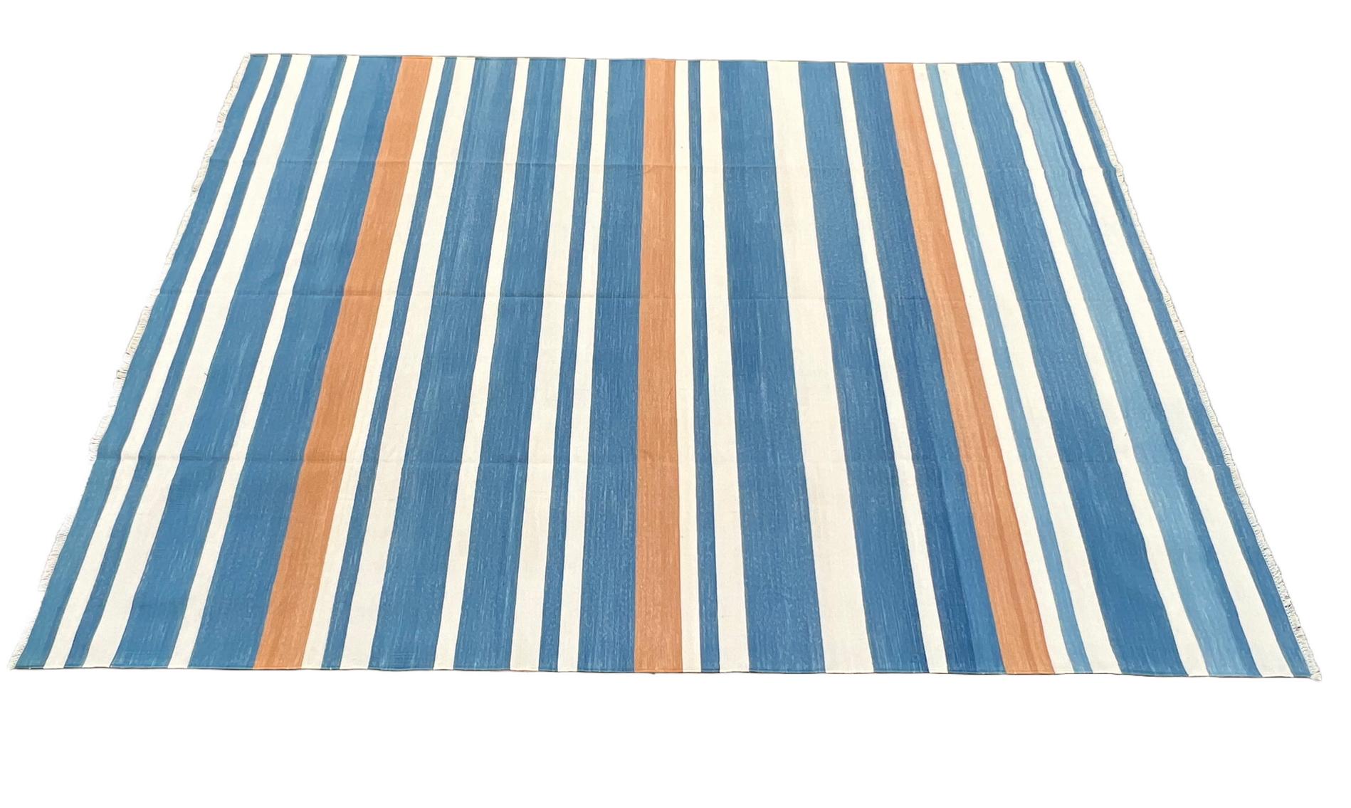Mid-Century Modern Handmade Cotton Area Flat Weave Rug, 8x10 Blue And White Striped Indian Dhurrie For Sale