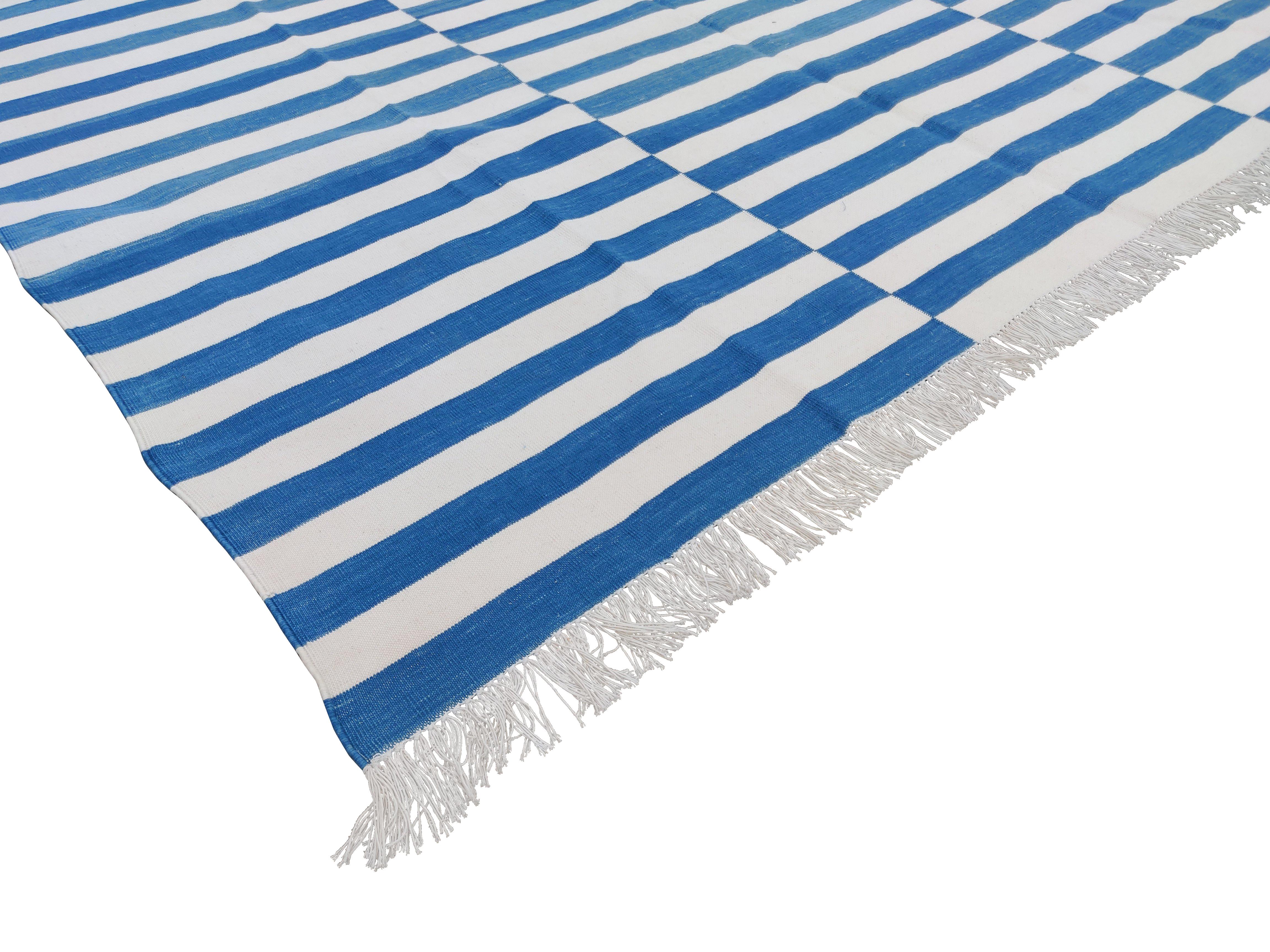 Mid-Century Modern Handmade Cotton Area Flat Weave Rug, 8x10 Blue And White Striped Indian Dhurrie For Sale