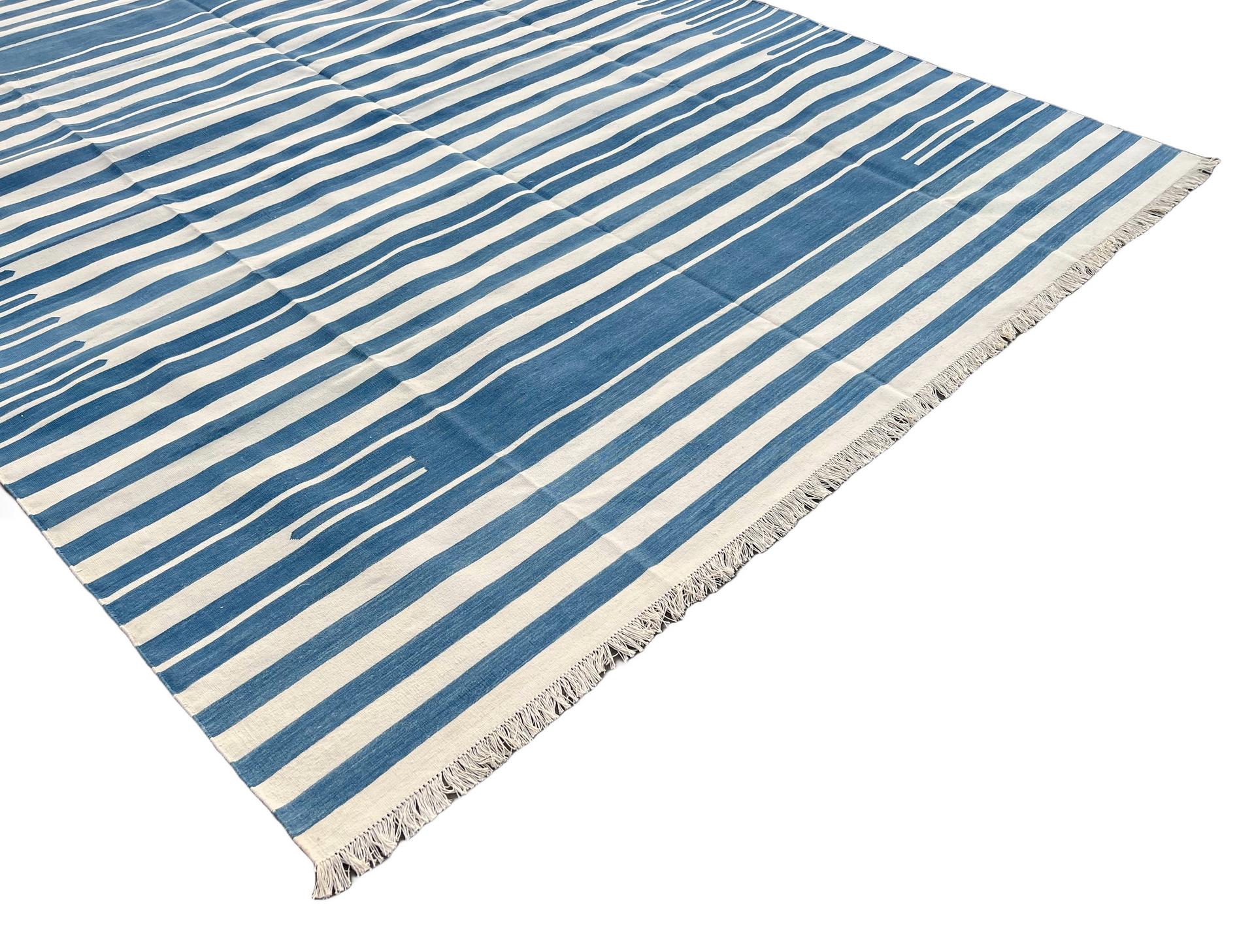Hand-Woven Handmade Cotton Area Flat Weave Rug, 8x10 Blue And White Striped Indian Dhurrie For Sale