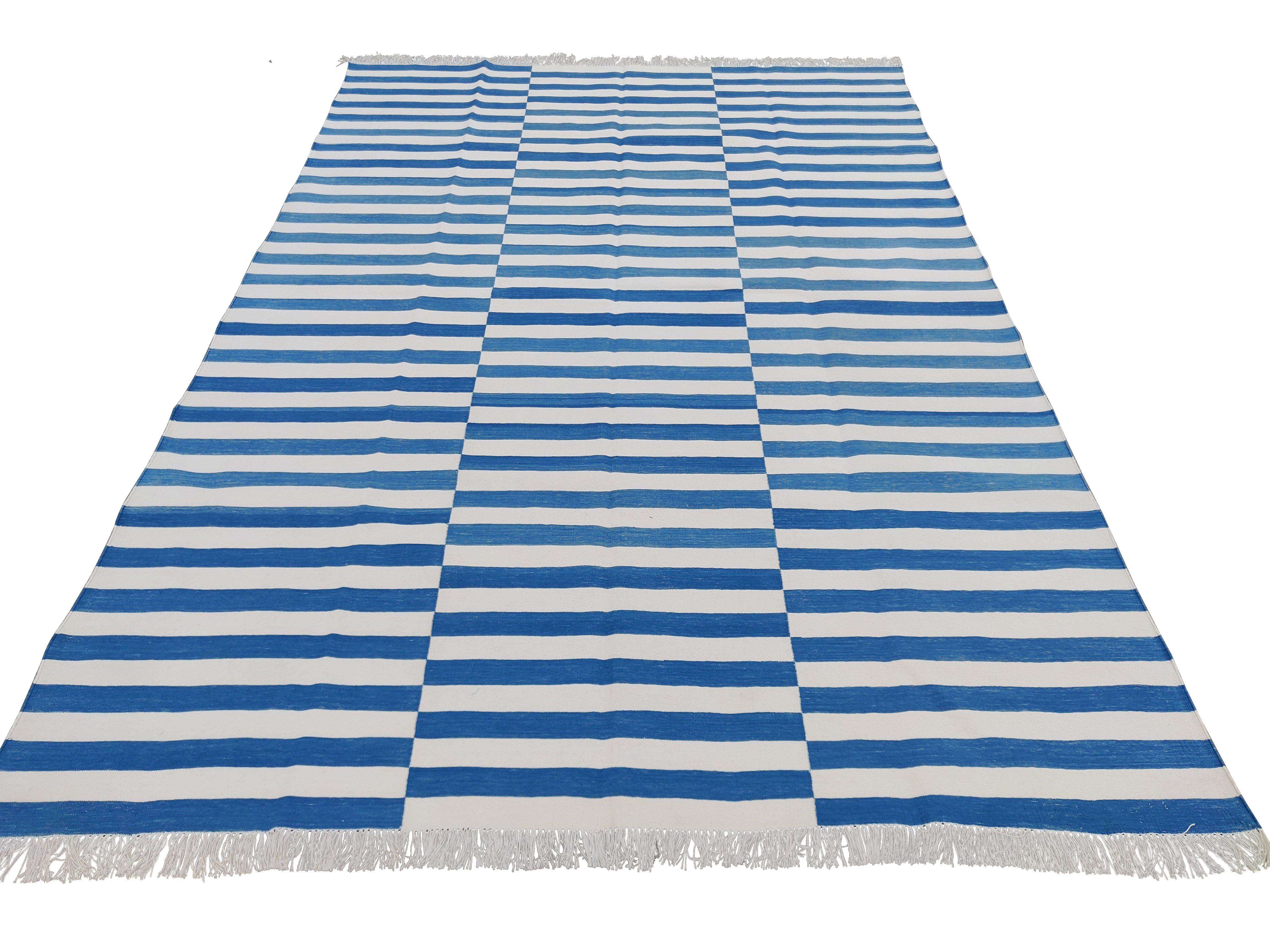 Hand-Woven Handmade Cotton Area Flat Weave Rug, 8x10 Blue And White Striped Indian Dhurrie For Sale