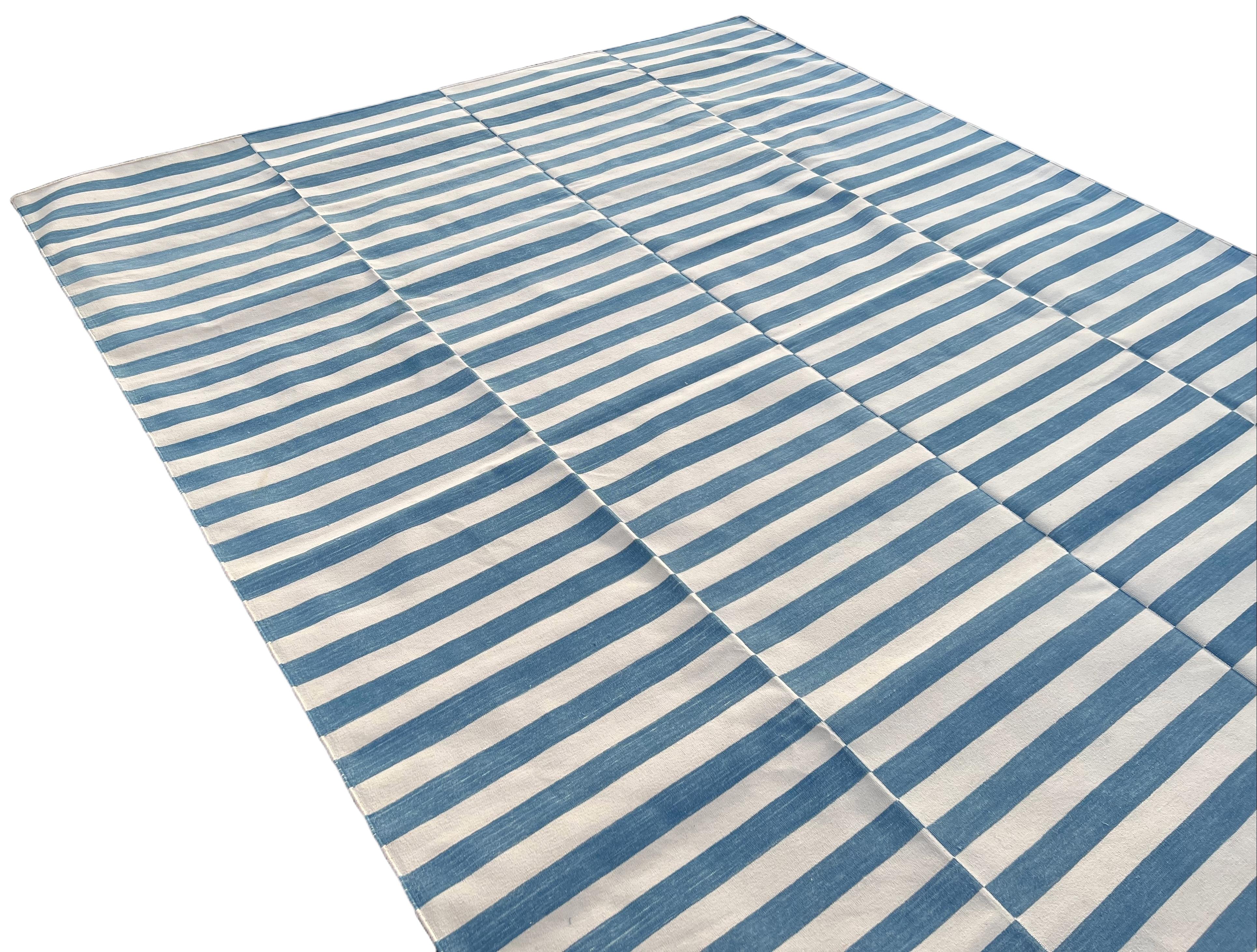Hand-Woven Handmade Cotton Area Flat Weave Rug, 8x10 Blue And White Striped Indian Dhurrie For Sale