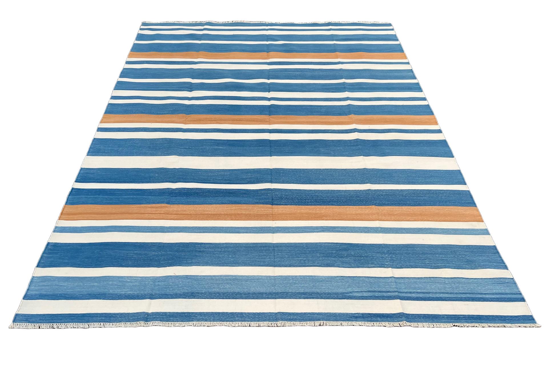 Handmade Cotton Area Flat Weave Rug, 8x10 Blue And White Striped Indian Dhurrie In New Condition For Sale In Jaipur, IN