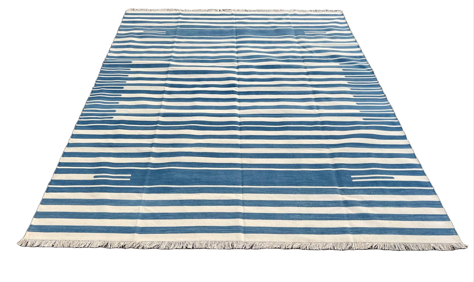Hand-Woven Handmade Cotton Area Flat Weave Rug, 8x10 Blue And White Striped Indian Dhurrie For Sale
