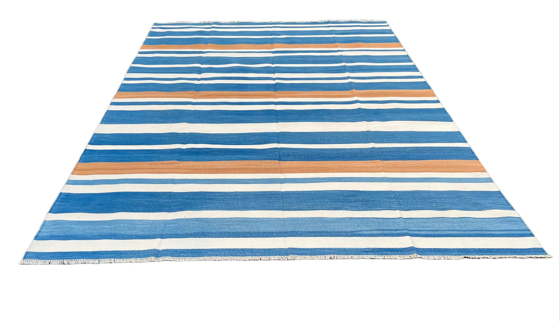 Contemporary Handmade Cotton Area Flat Weave Rug, 8x10 Blue And White Striped Indian Dhurrie For Sale