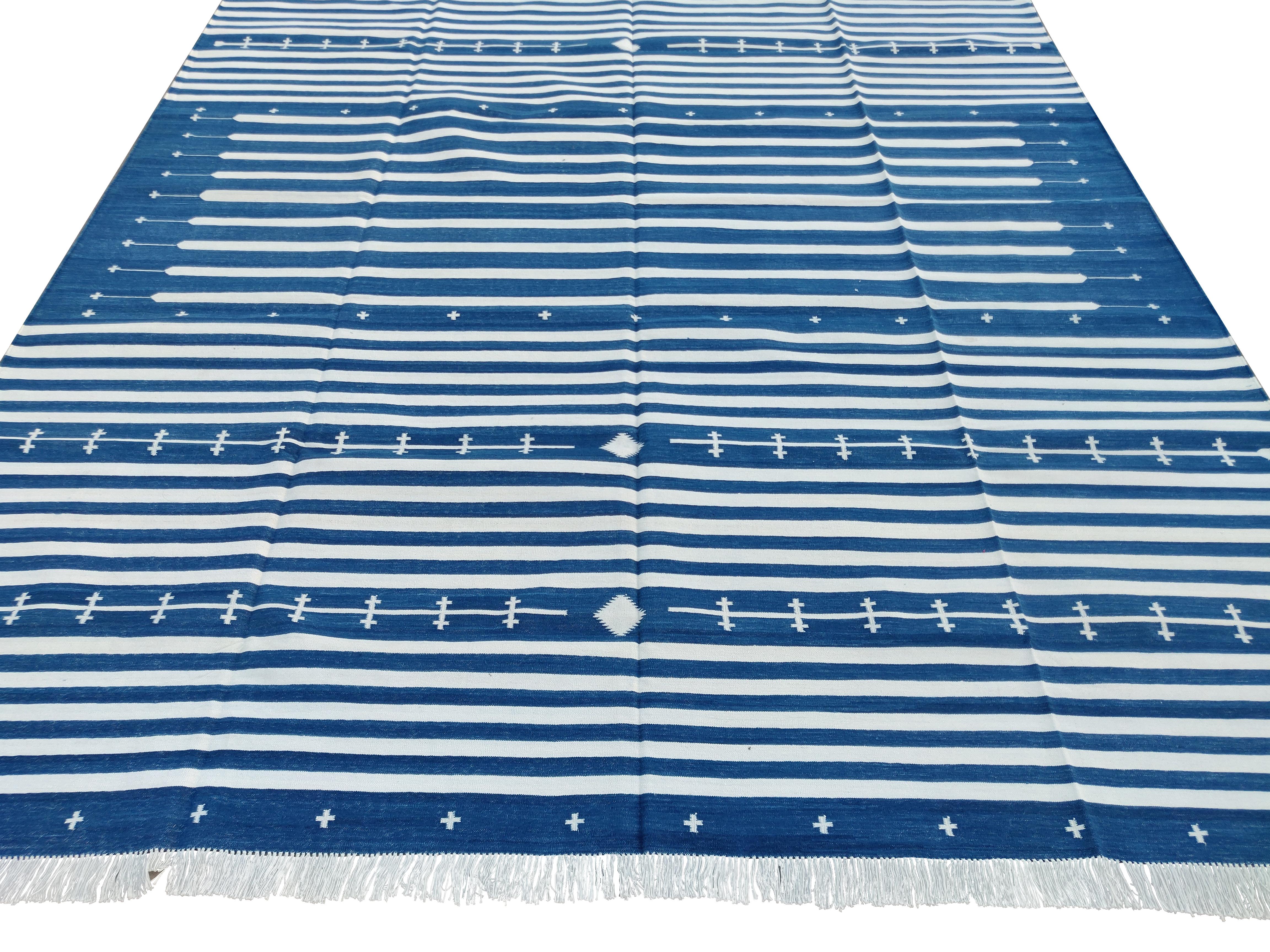 Contemporary Handmade Cotton Area Flat Weave Rug, 8x10 Blue And White Striped Indian Dhurrie For Sale