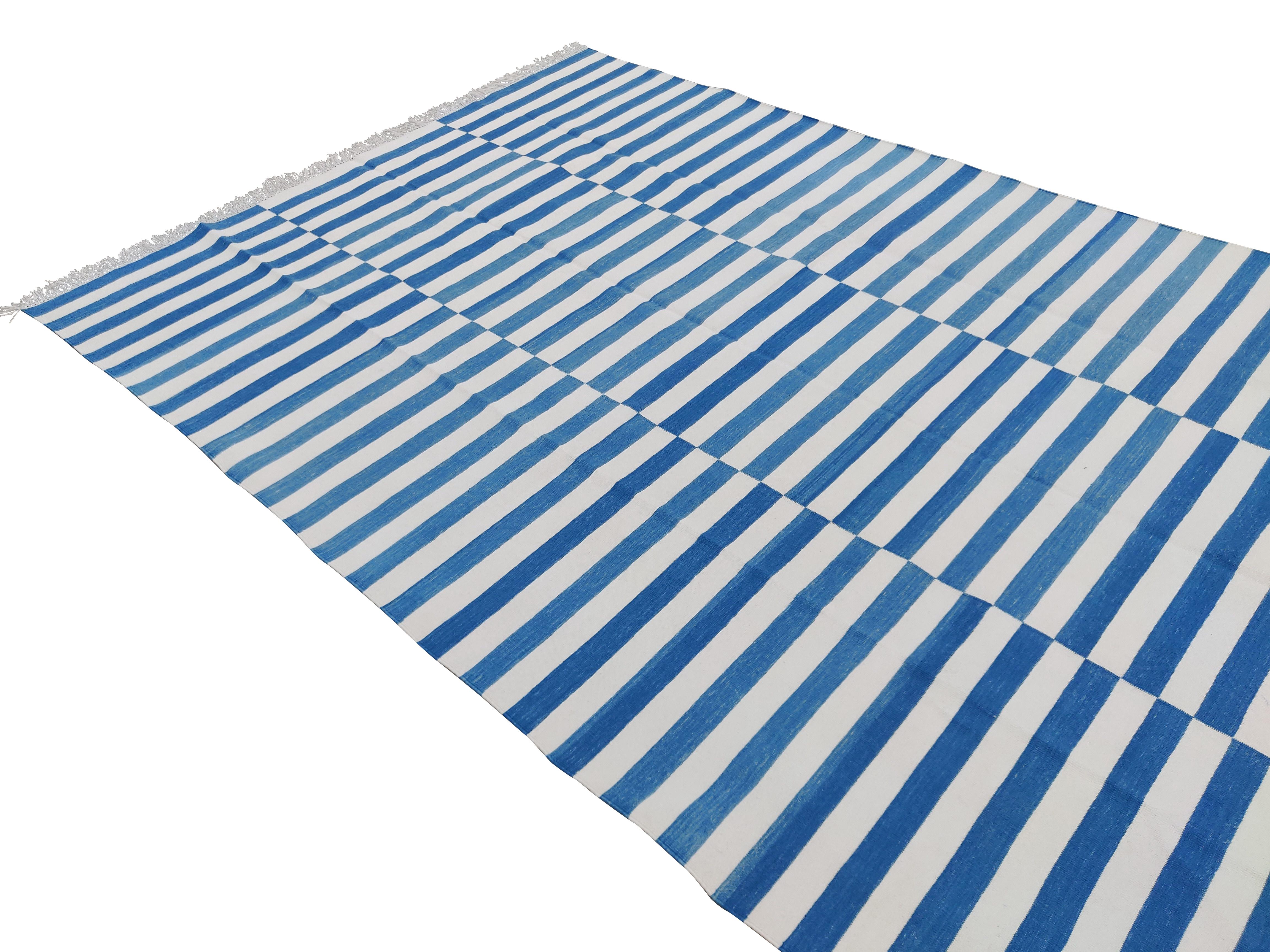 Contemporary Handmade Cotton Area Flat Weave Rug, 8x10 Blue And White Striped Indian Dhurrie For Sale