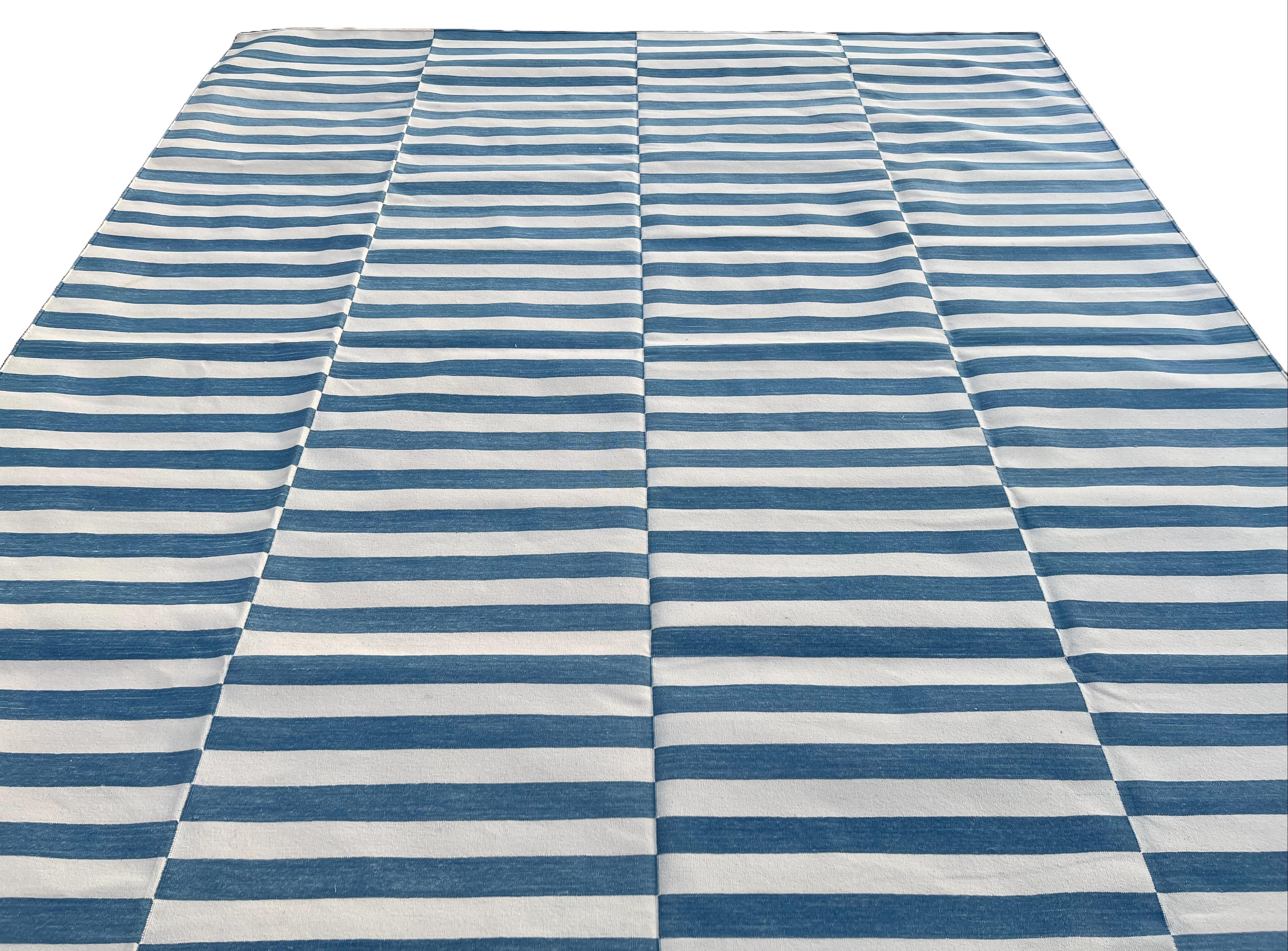Contemporary Handmade Cotton Area Flat Weave Rug, 8x10 Blue And White Striped Indian Dhurrie For Sale