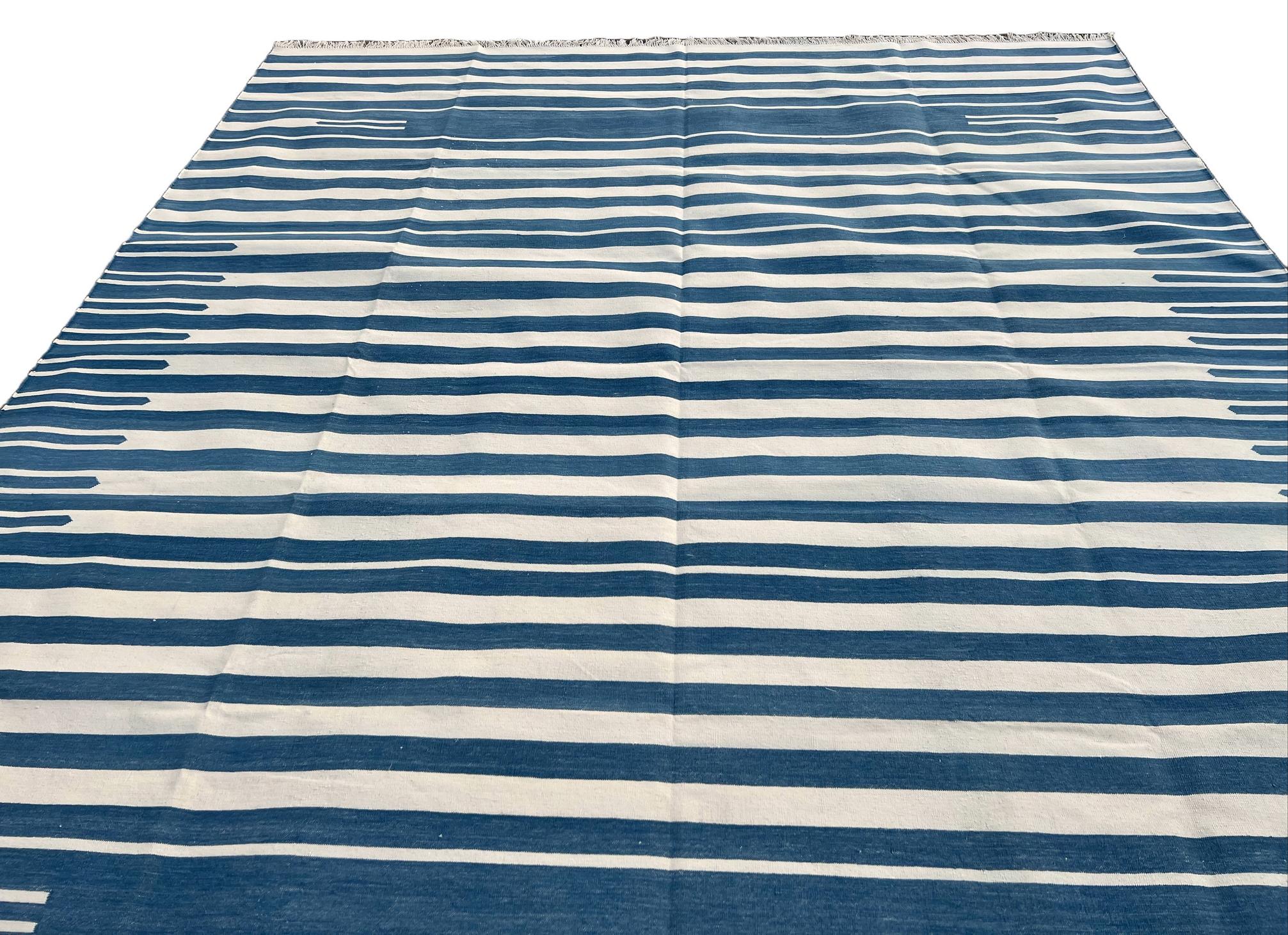 Handmade Cotton Area Flat Weave Rug, 8x10 Blue And White Striped Indian Dhurrie In New Condition For Sale In Jaipur, IN
