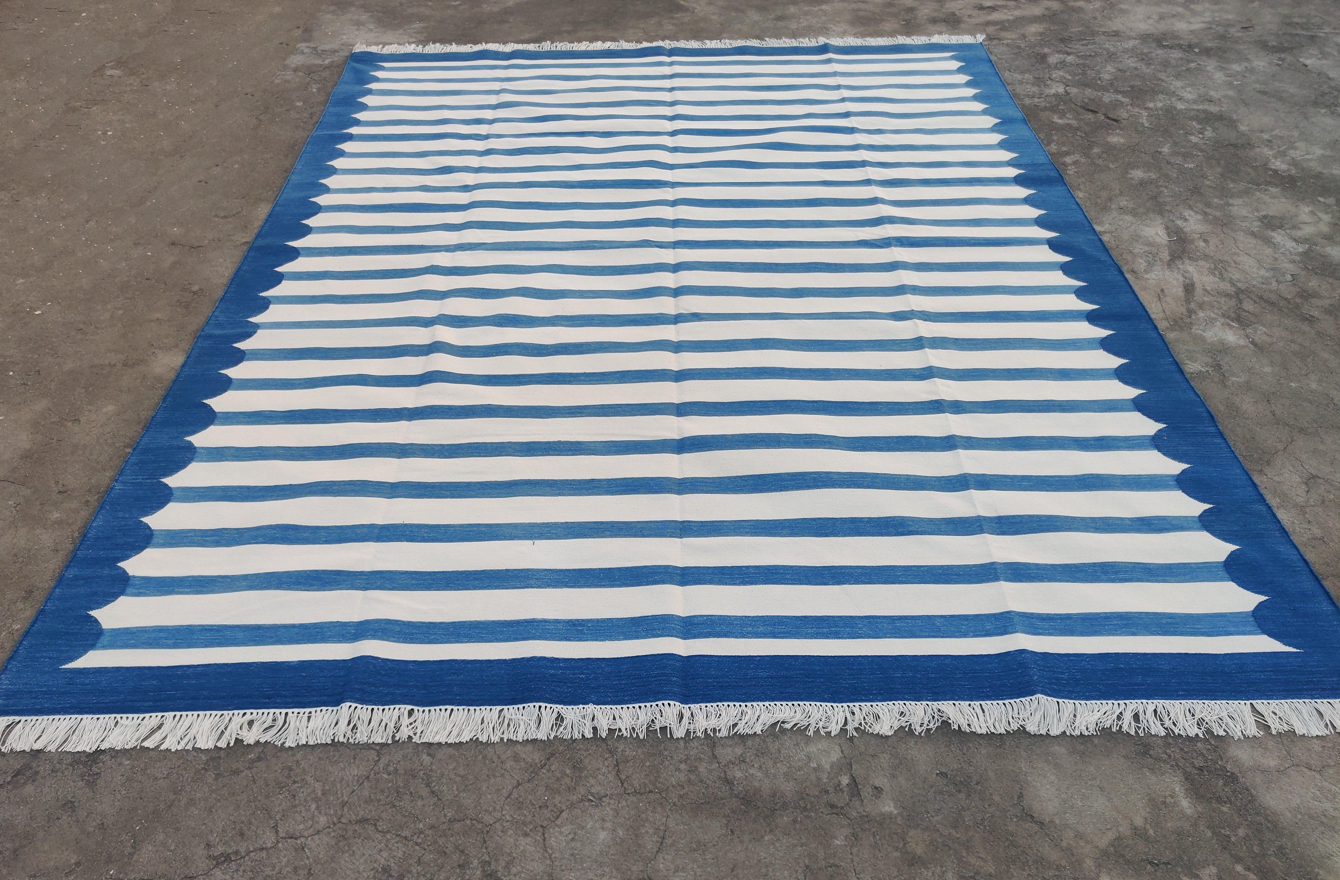 Handmade Cotton Area Flat Weave Rug, 8x10 Blue And White Striped Indian Dhurrie For Sale 1