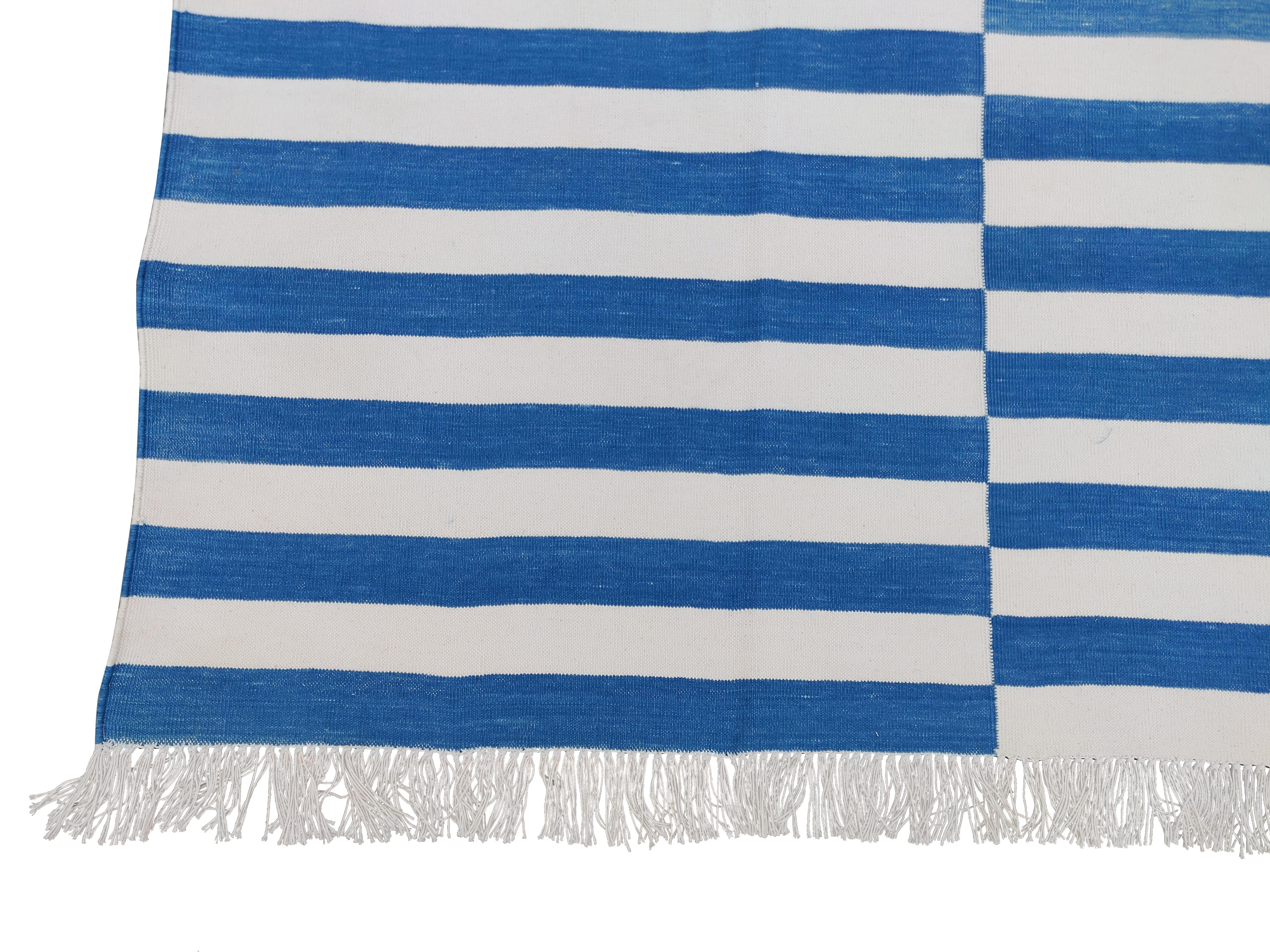 Handmade Cotton Area Flat Weave Rug, 8x10 Blue And White Striped Indian Dhurrie For Sale 1