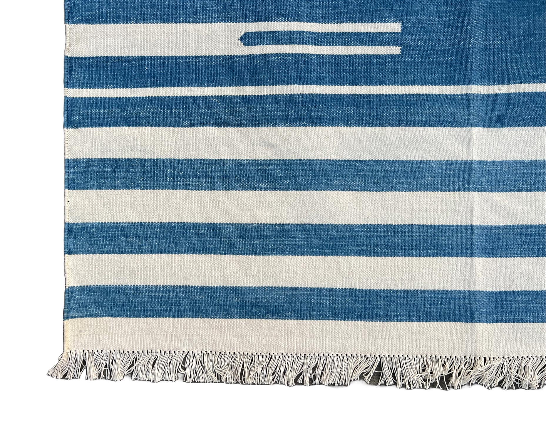 Handmade Cotton Area Flat Weave Rug, 8x10 Blue And White Striped Indian Dhurrie For Sale 2