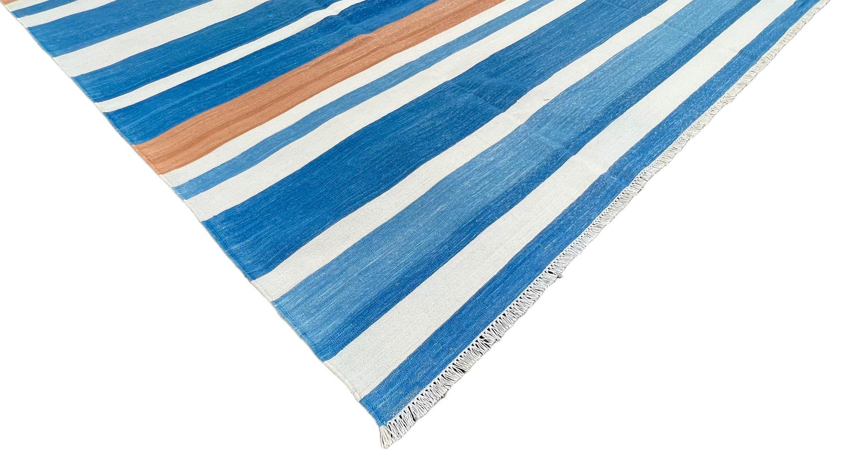 Handmade Cotton Area Flat Weave Rug, 8x10 Blue And White Striped Indian Dhurrie For Sale 3