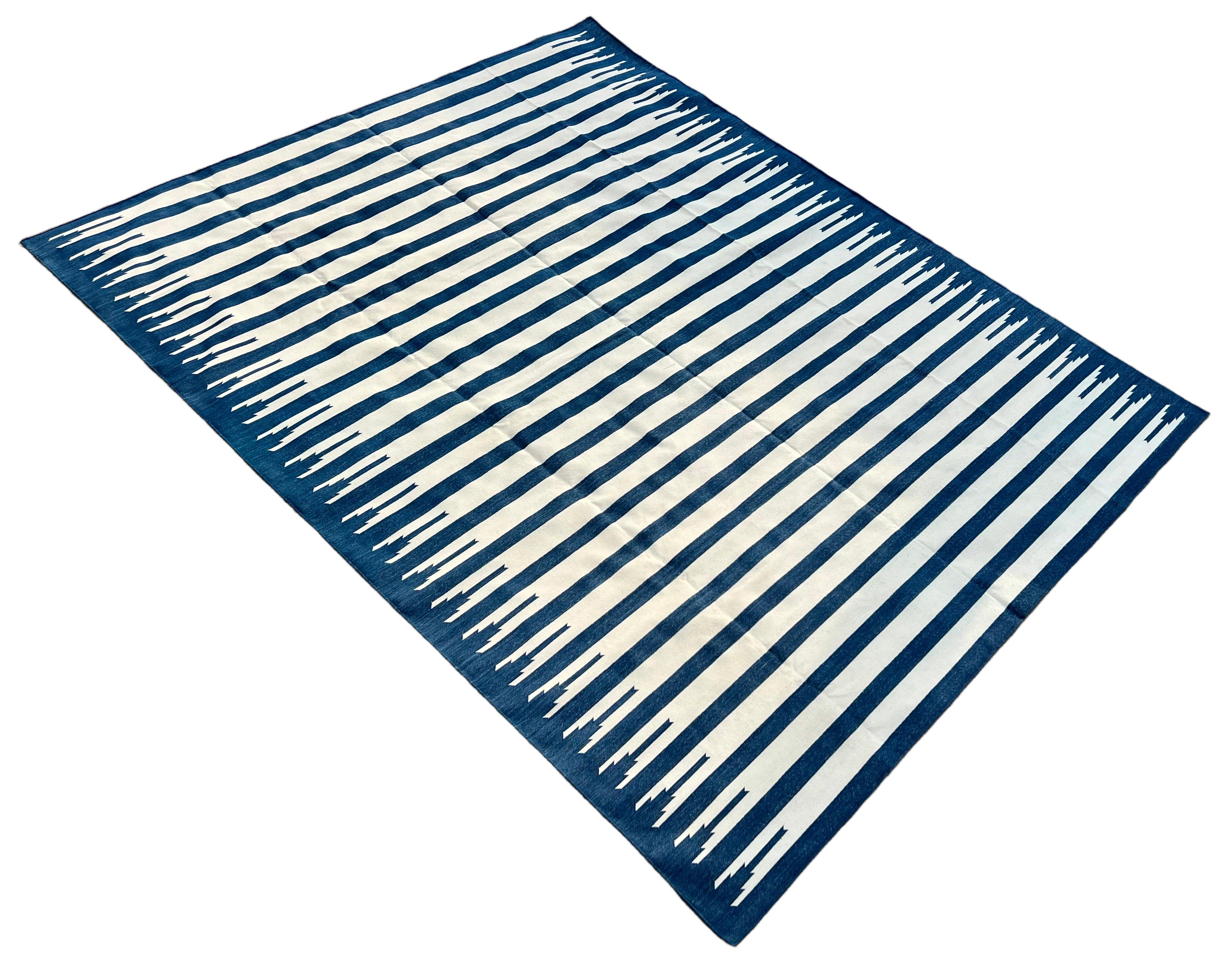 Handmade Cotton Area Flat Weave Rug, 8x10 Blue And White Striped Indian Dhurrie For Sale 3