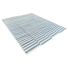 Handmade Cotton Area Flat Weave Rug, 8x10 Blue And White Striped Indian Dhurrie