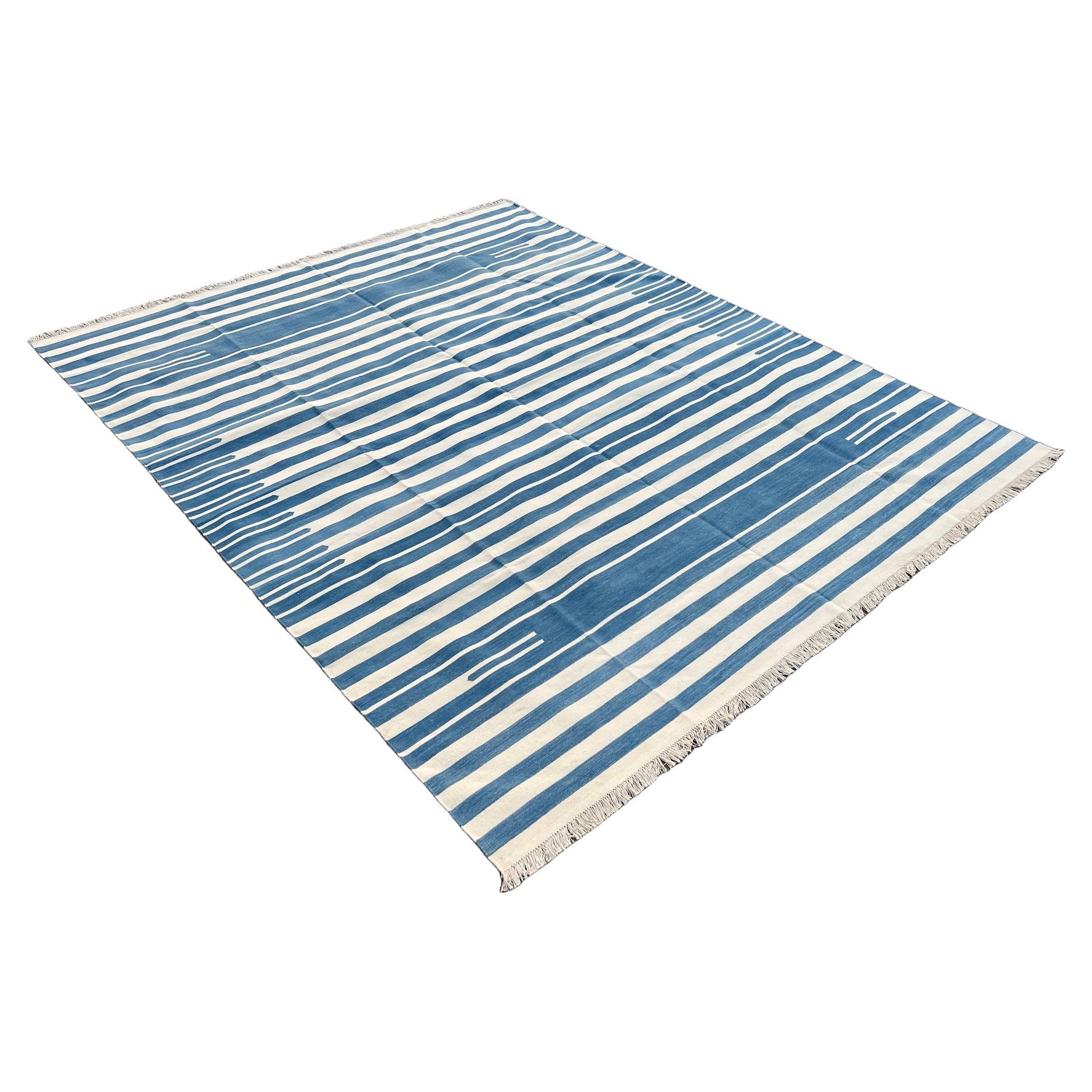 Handmade Cotton Area Flat Weave Rug, 8x10 Blue And White Striped Indian Dhurrie For Sale