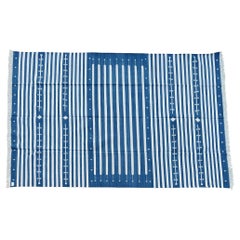 Handmade Cotton Area Flat Weave Rug, 8x10 Blue And White Striped Indian Dhurrie