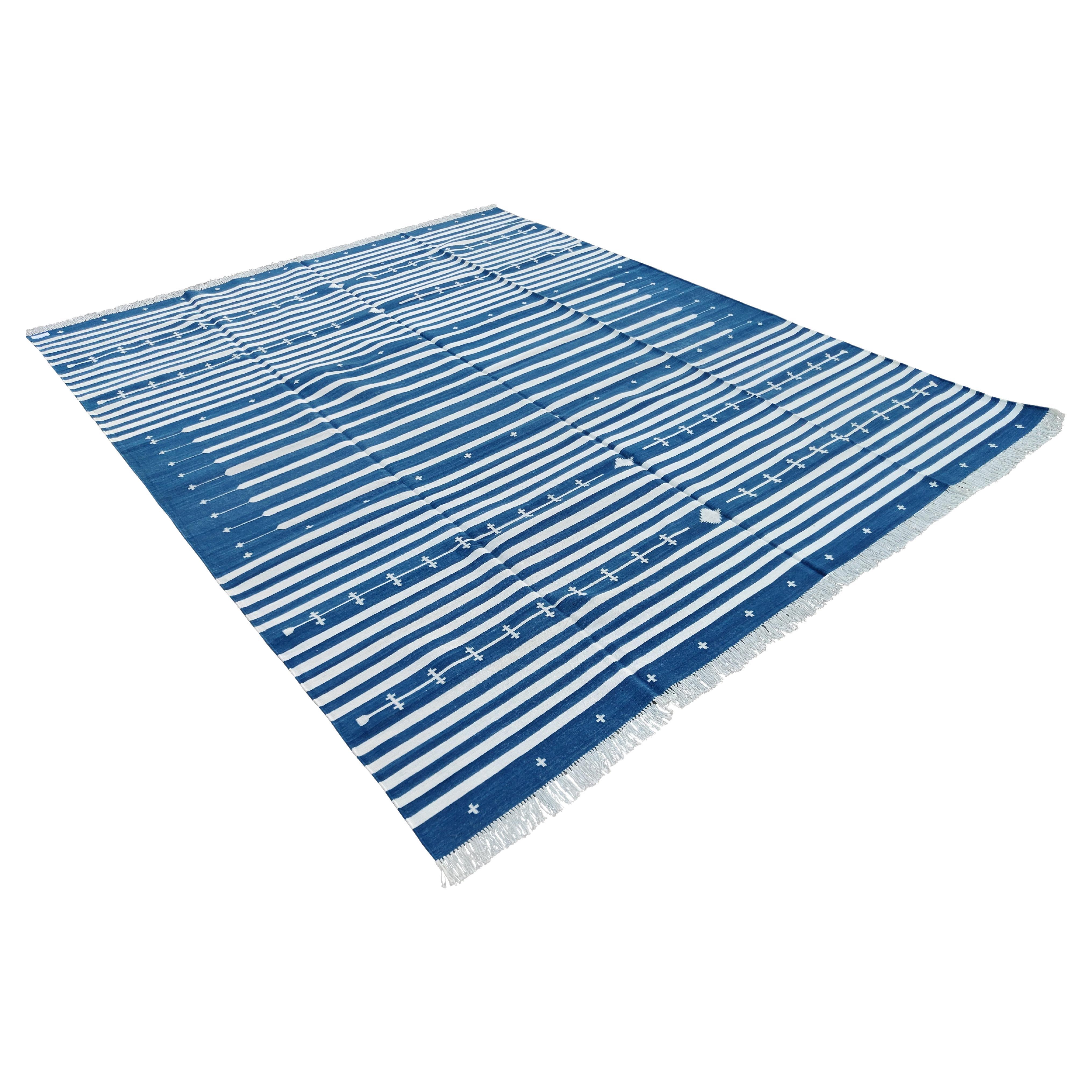 Handmade Cotton Area Flat Weave Rug, 8x10 Blue And White Striped Indian Dhurrie