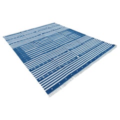 Handmade Cotton Area Flat Weave Rug, 8x10 Blue And White Striped Indian Dhurrie