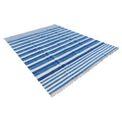 Handmade Cotton Area Flat Weave Rug, 8x10 Blue And White Striped Indian Dhurrie