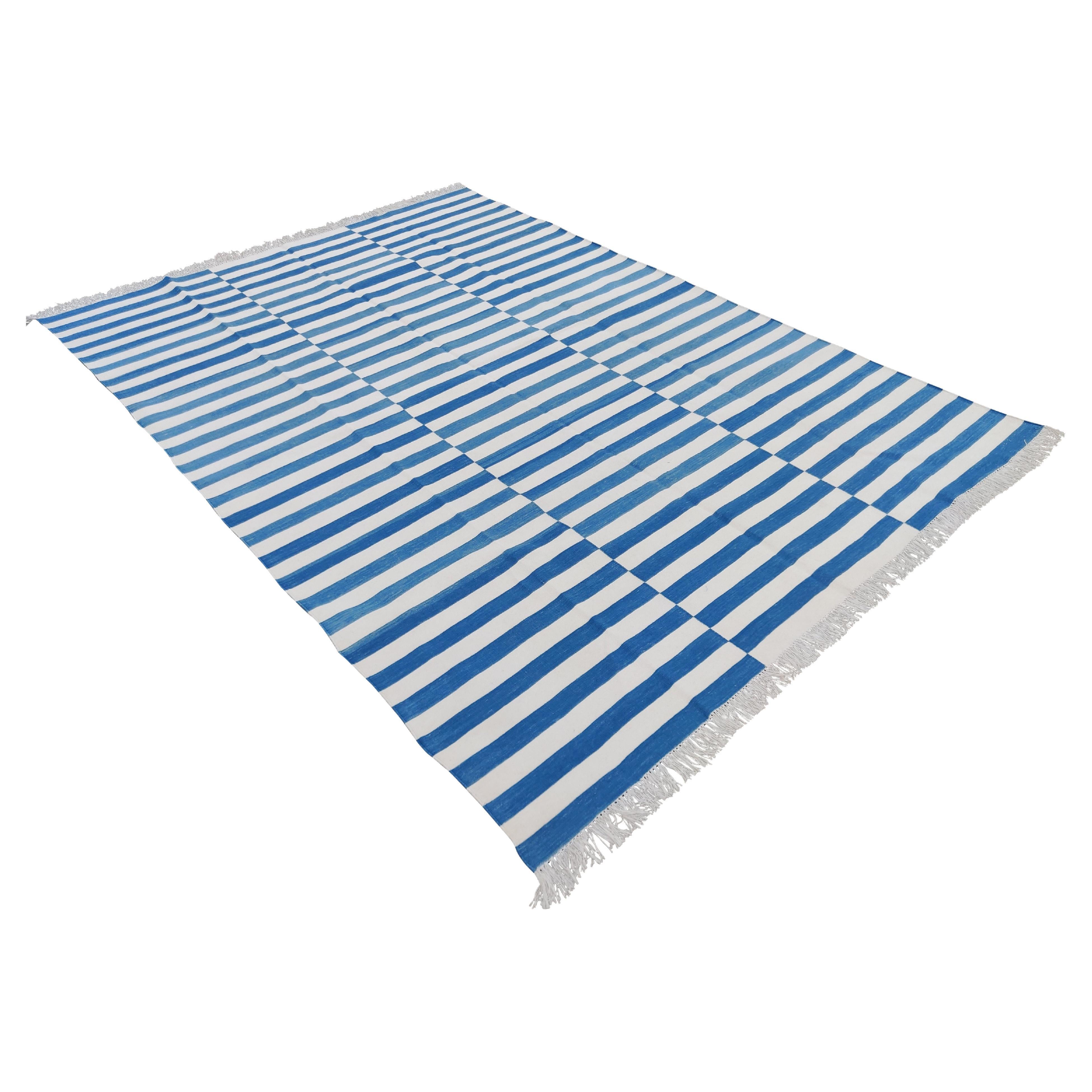 Handmade Cotton Area Flat Weave Rug, 8x10 Blue And White Striped Indian Dhurrie