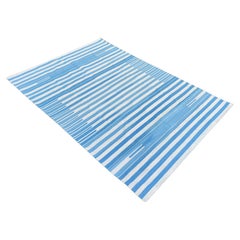Tapis Dhurrie indien à rayures bleues et blanches fait à la main, 8 x 10