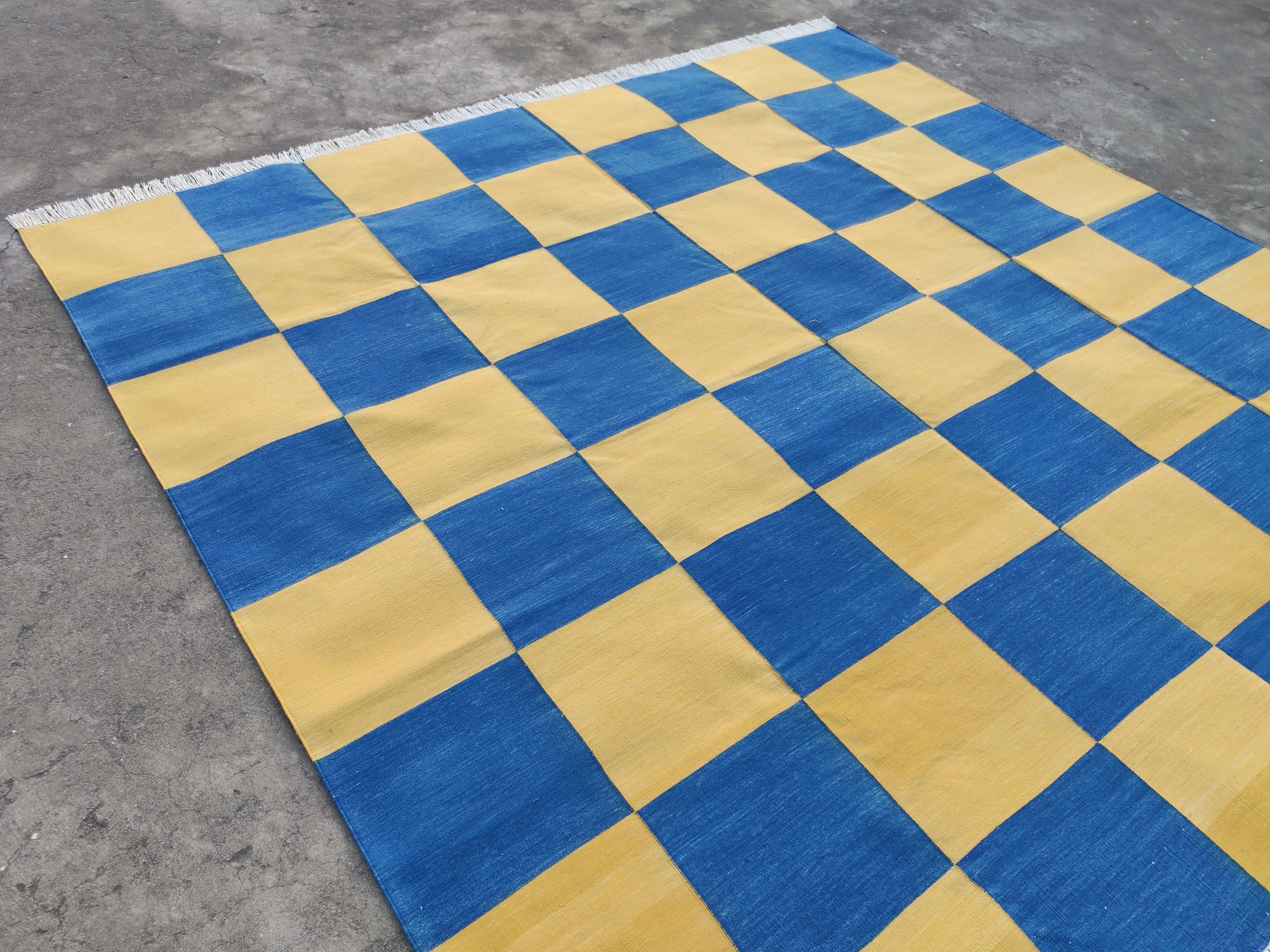 Handmade Cotton Area Flat Weave Rug, 8x10 Blue And Yellow Checked Indian Dhurrie For Sale 4