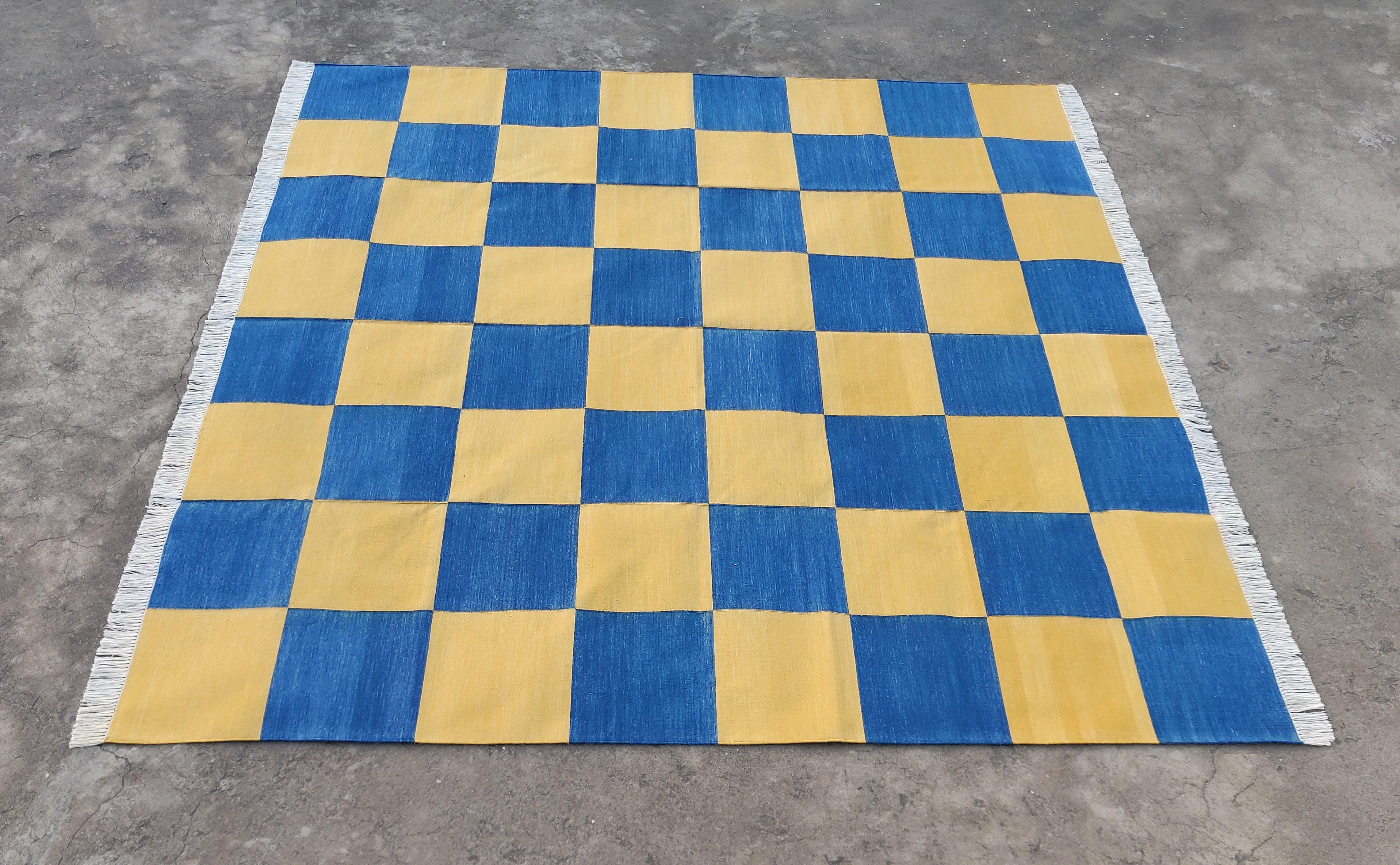 Handmade Cotton Area Flat Weave Rug, 8x10 Blue And Yellow Checked Indian Dhurrie For Sale 5