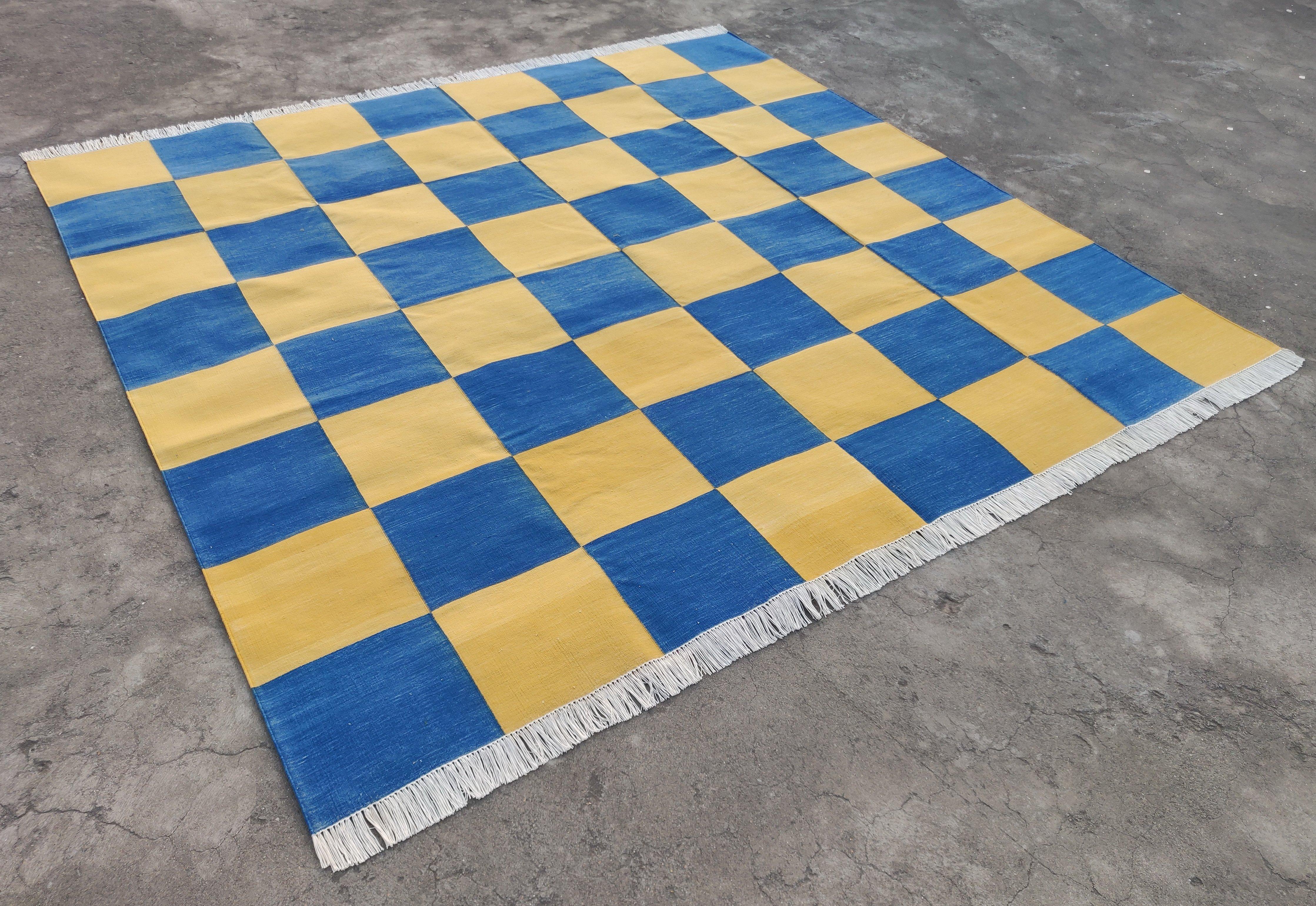 Cotton Vegetable Dyed Reversible Indigo Blue And Yellow Indian Tile Checked Rug - 8'x10'
These special flat-weave dhurries are hand-woven with 15 ply 100% cotton yarn. Due to the special manufacturing techniques used to create our rugs, the size and