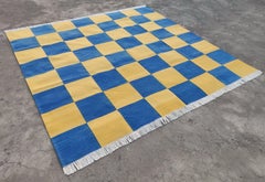 Handmade Cotton Area Flat Weave Rug, 8x10 Blue And Yellow Checked Indian Dhurrie