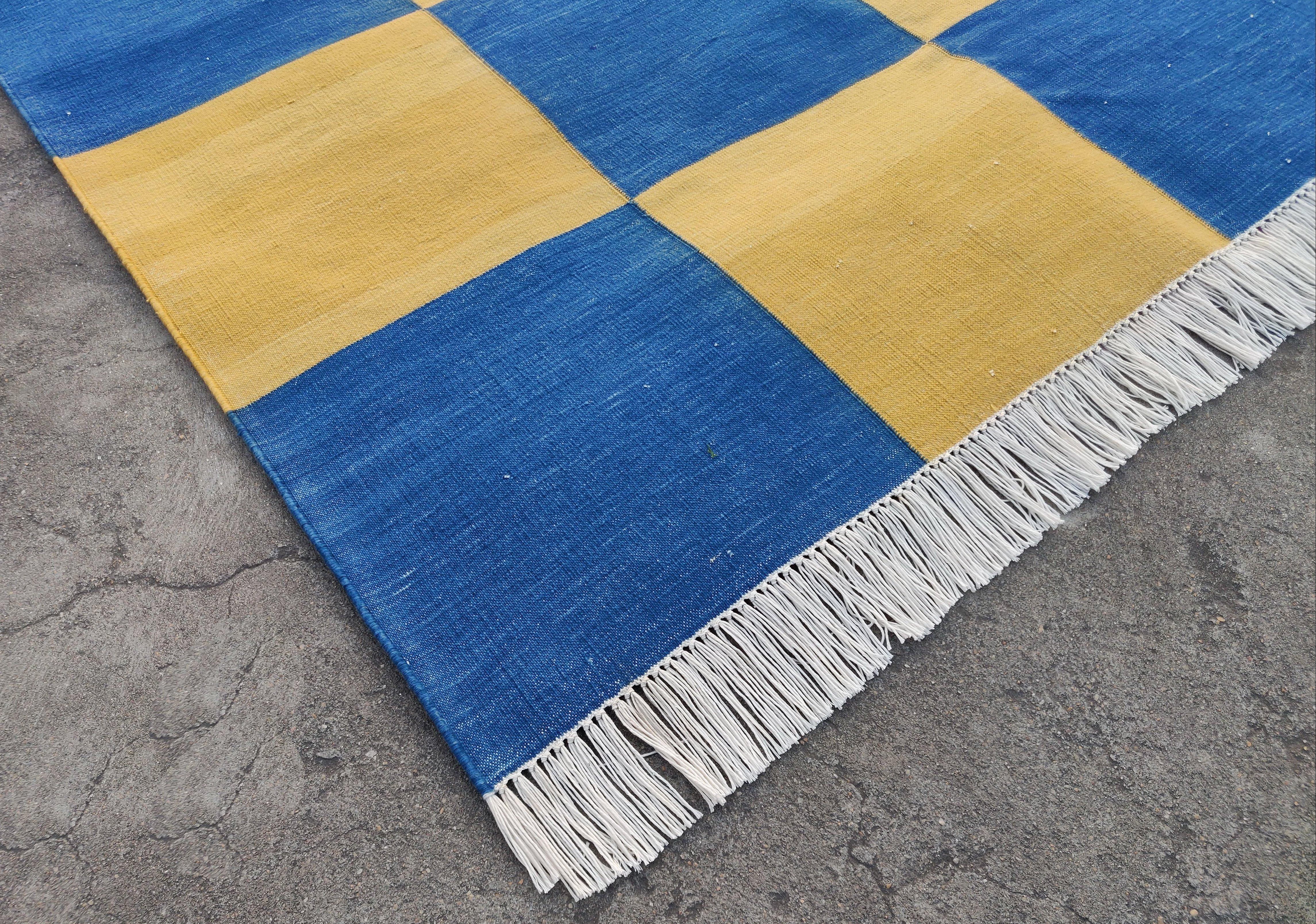 Hand-Woven Handmade Cotton Area Flat Weave Rug, 8x10 Blue And Yellow Checked Indian Dhurrie For Sale