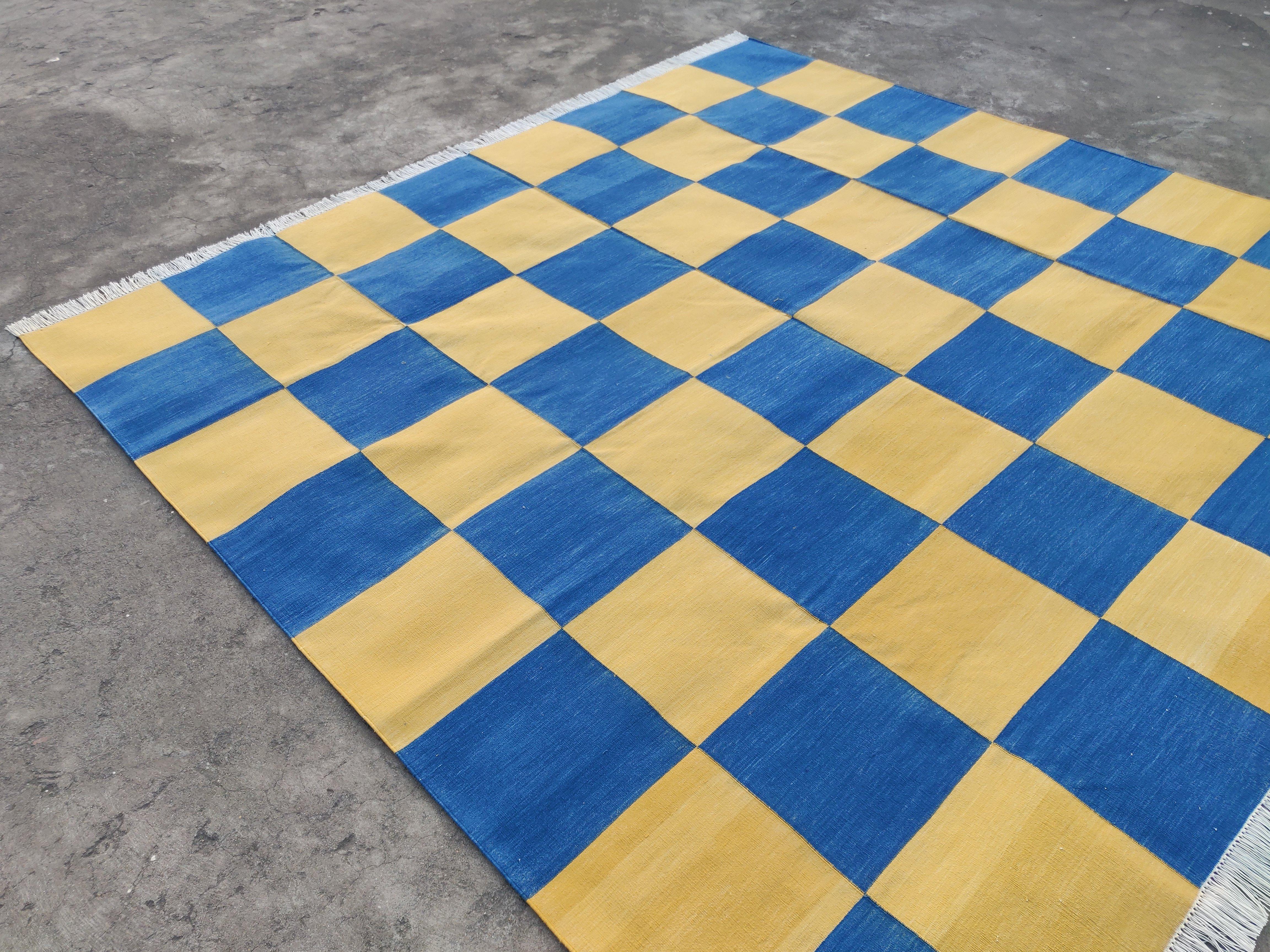 Handmade Cotton Area Flat Weave Rug, 8x10 Blue And Yellow Checked Indian Dhurrie For Sale 2