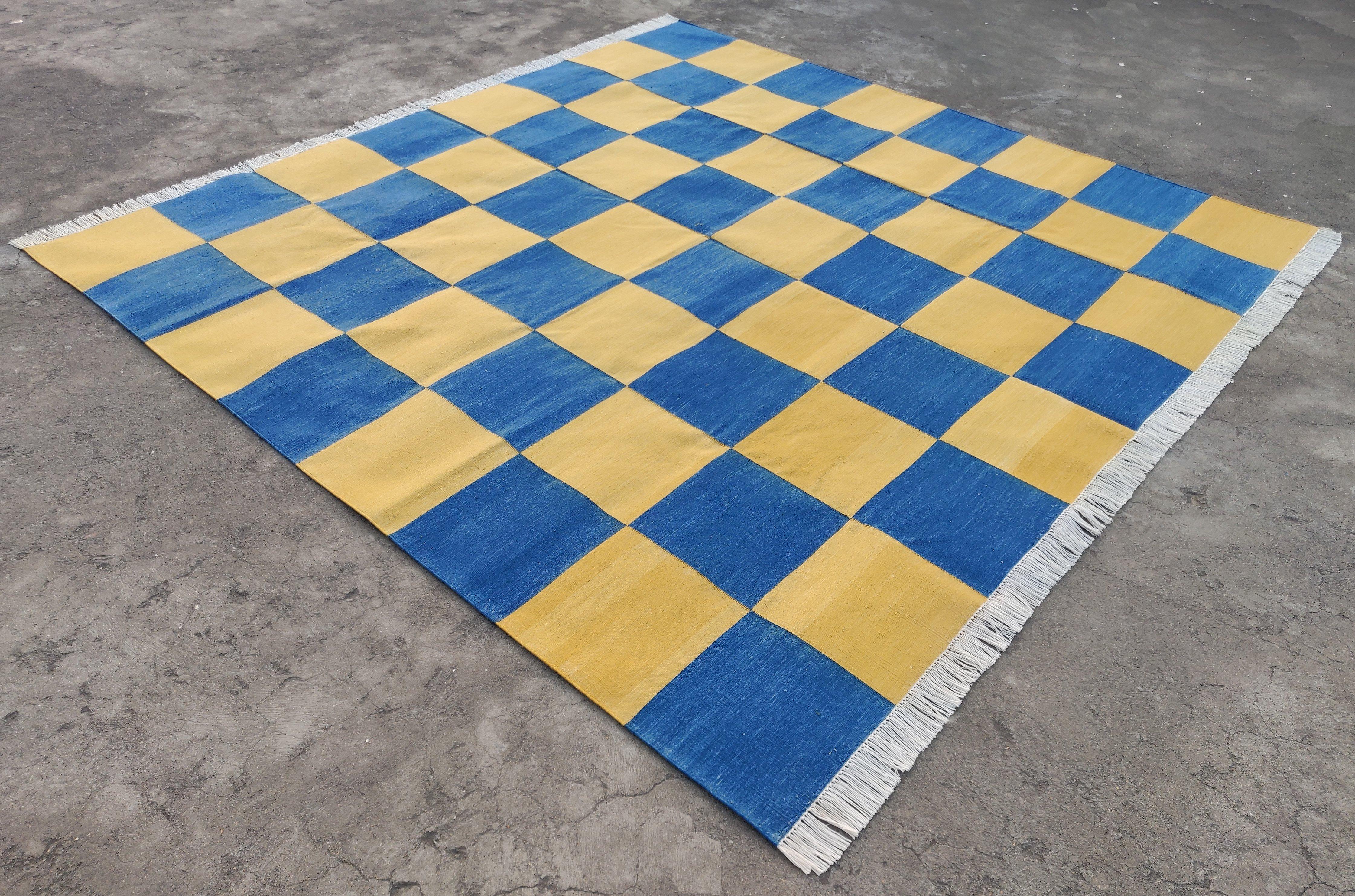 Handmade Cotton Area Flat Weave Rug, 8x10 Blue And Yellow Checked Indian Dhurrie For Sale 3