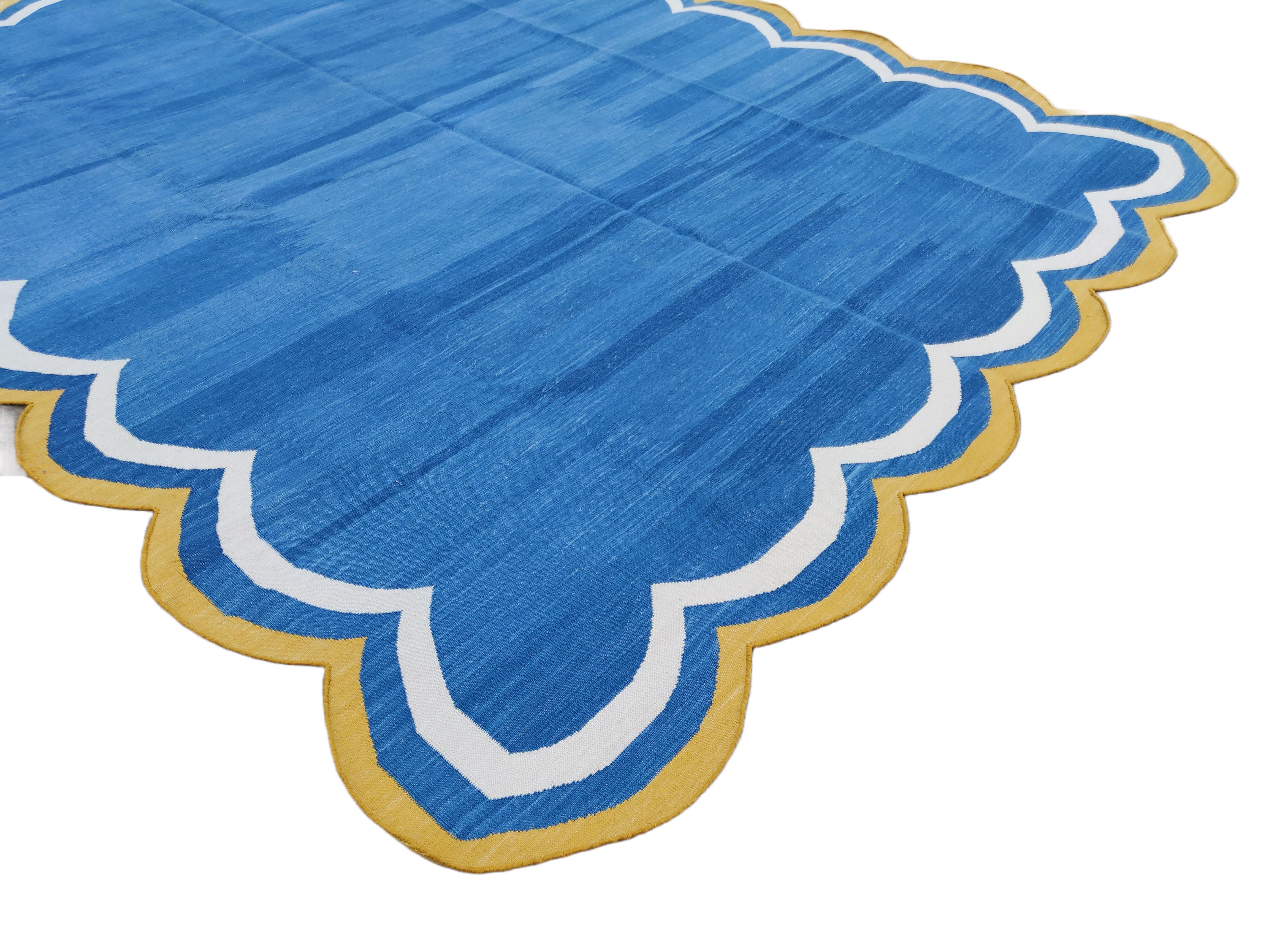 Mid-Century Modern Handmade Cotton Flat Weave Rug, 8x10 Blue And Yellow Scalloped Indian Dhurrie For Sale