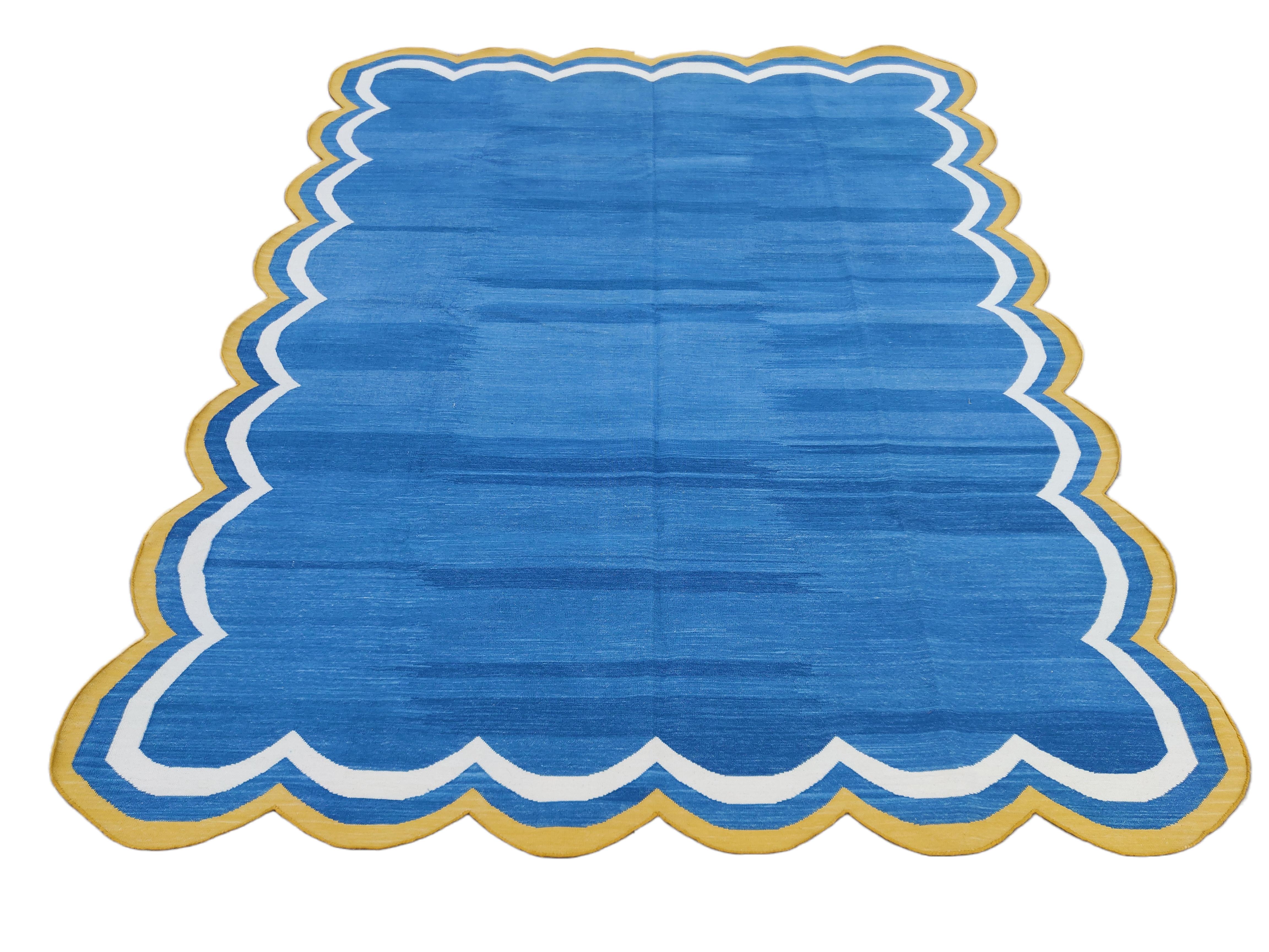 Hand-Woven Handmade Cotton Flat Weave Rug, 8x10 Blue And Yellow Scalloped Indian Dhurrie For Sale
