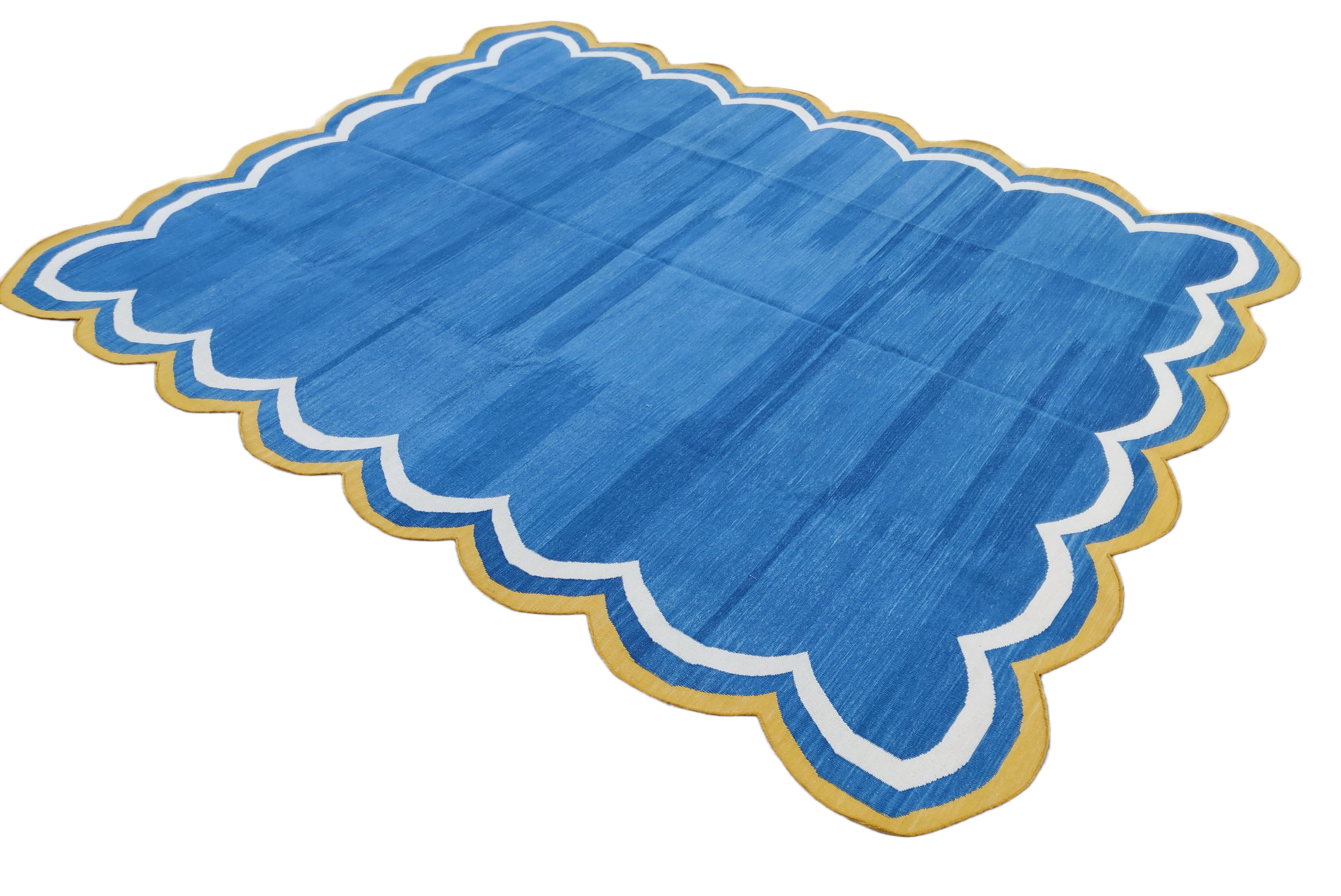 Handmade Cotton Flat Weave Rug, 8x10 Blue And Yellow Scalloped Indian Dhurrie For Sale 1