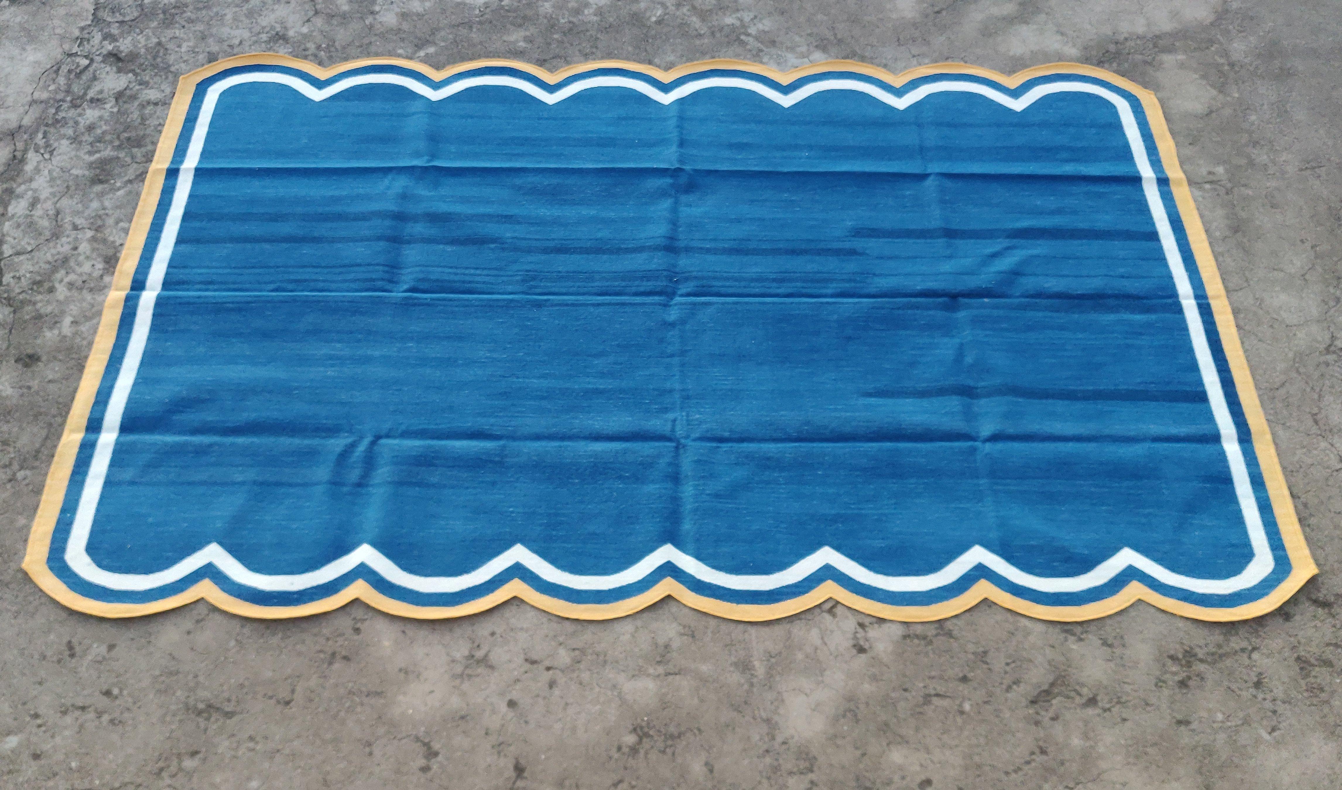 Handmade Cotton Area Flat Weave Rug, 8x10 Blue And Yellow Scallop Kilim Dhurrie For Sale 3