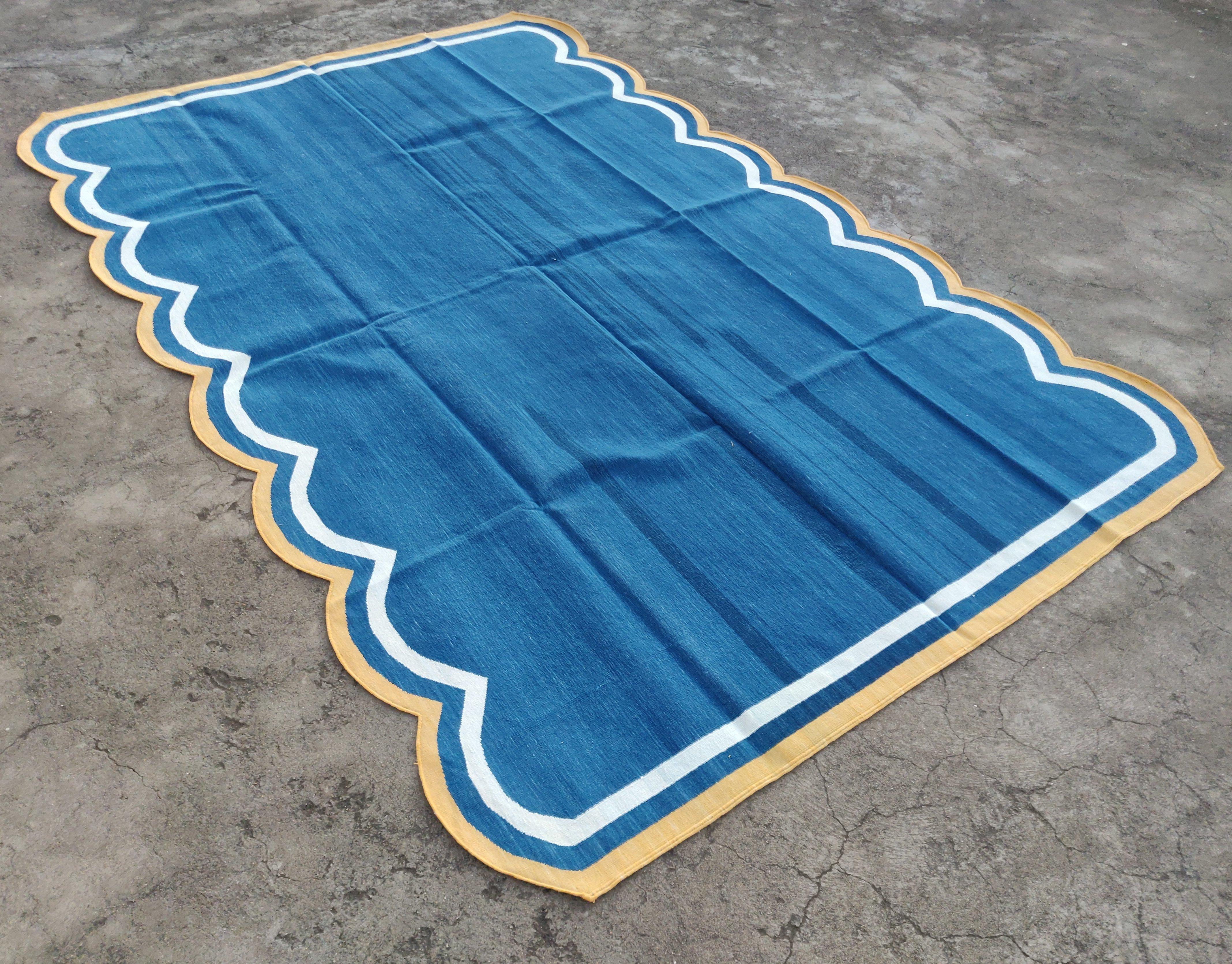 Mid-Century Modern Handmade Cotton Area Flat Weave Rug, 8x10 Blue And Yellow Scallop Kilim Dhurrie For Sale