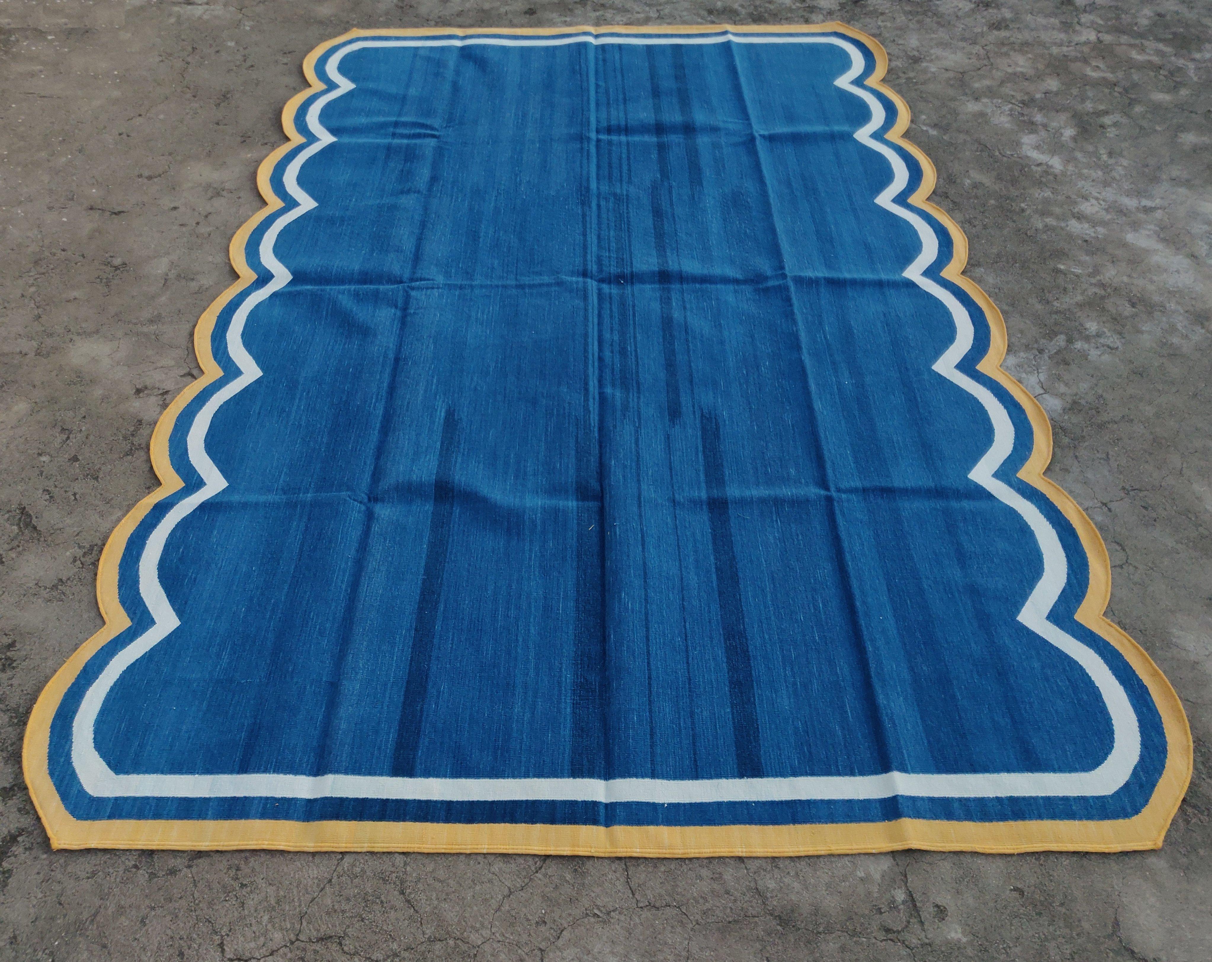 Hand-Woven Handmade Cotton Area Flat Weave Rug, 8x10 Blue And Yellow Scallop Kilim Dhurrie For Sale
