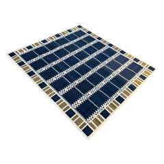 Alfombra de Algodón Hecha a Mano de Tejido Plano, 8x10 Azul, Marrón Dhurrie Geométrica India