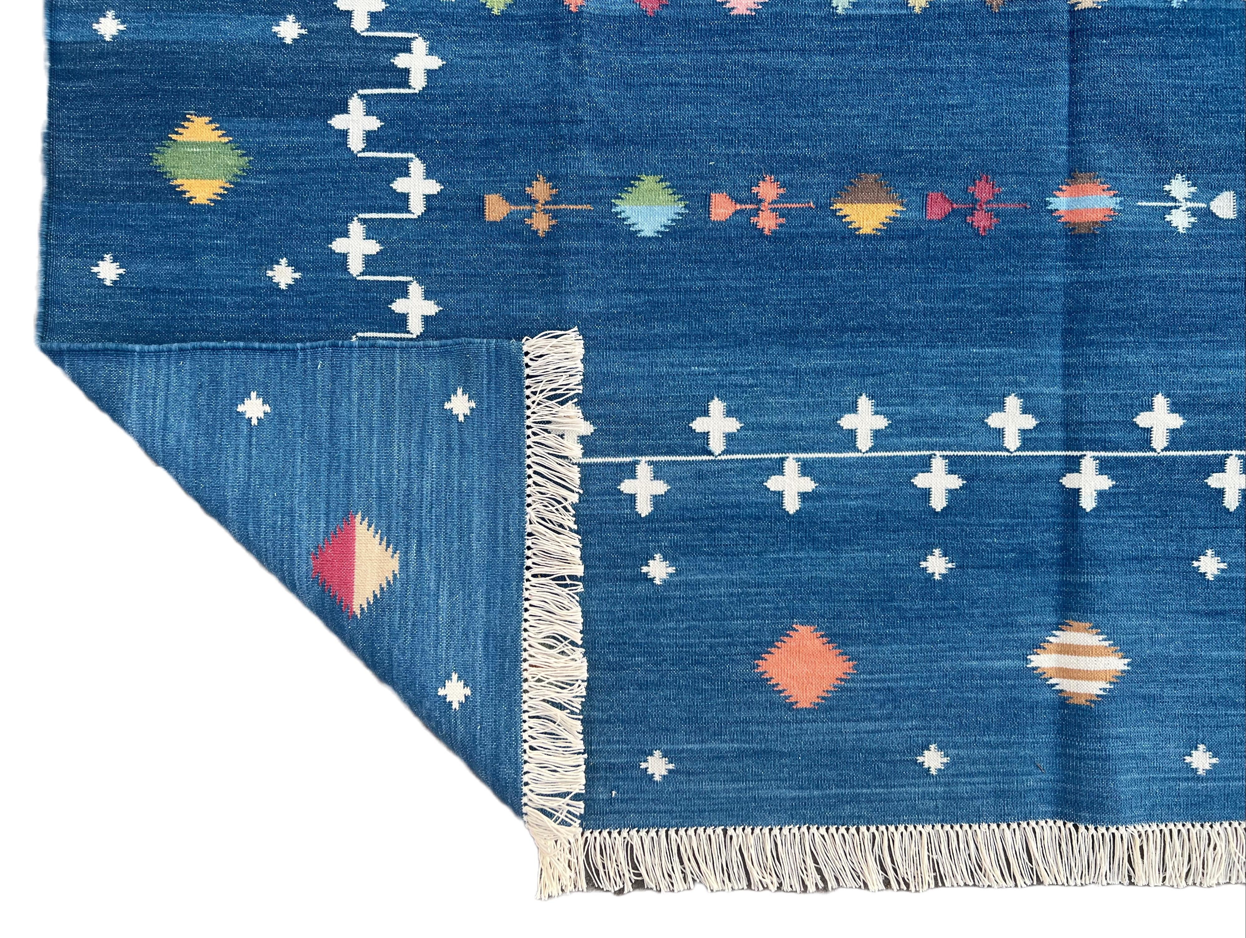 Handmade Cotton Area Flat Weave Rug, 8x10 Blue Indian Shooting Star Dhurrie Rug For Sale 4