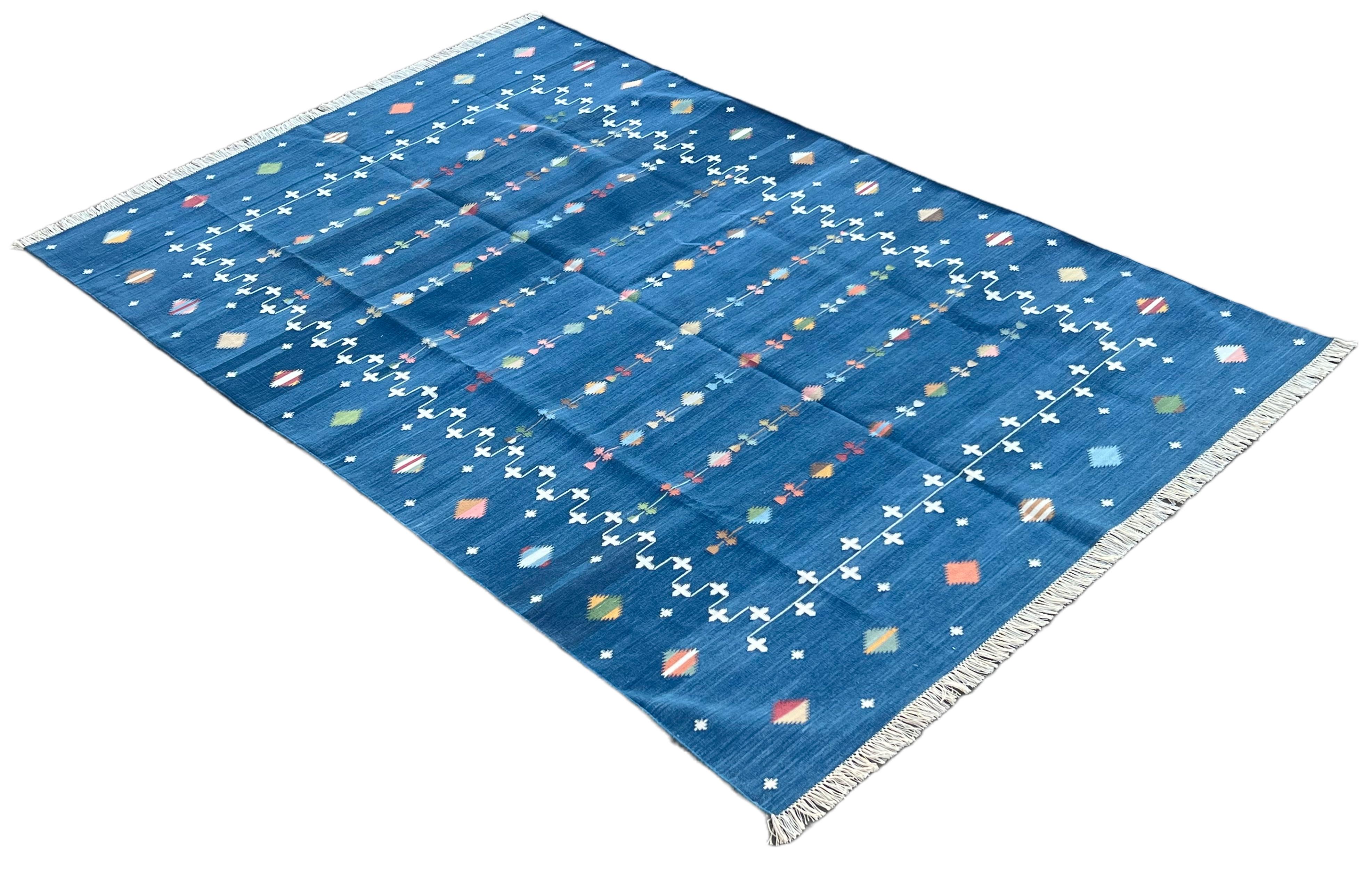Handmade Cotton Area Flat Weave Rug, 8x10 Blue Indian Shooting Star Dhurrie Rug For Sale 5