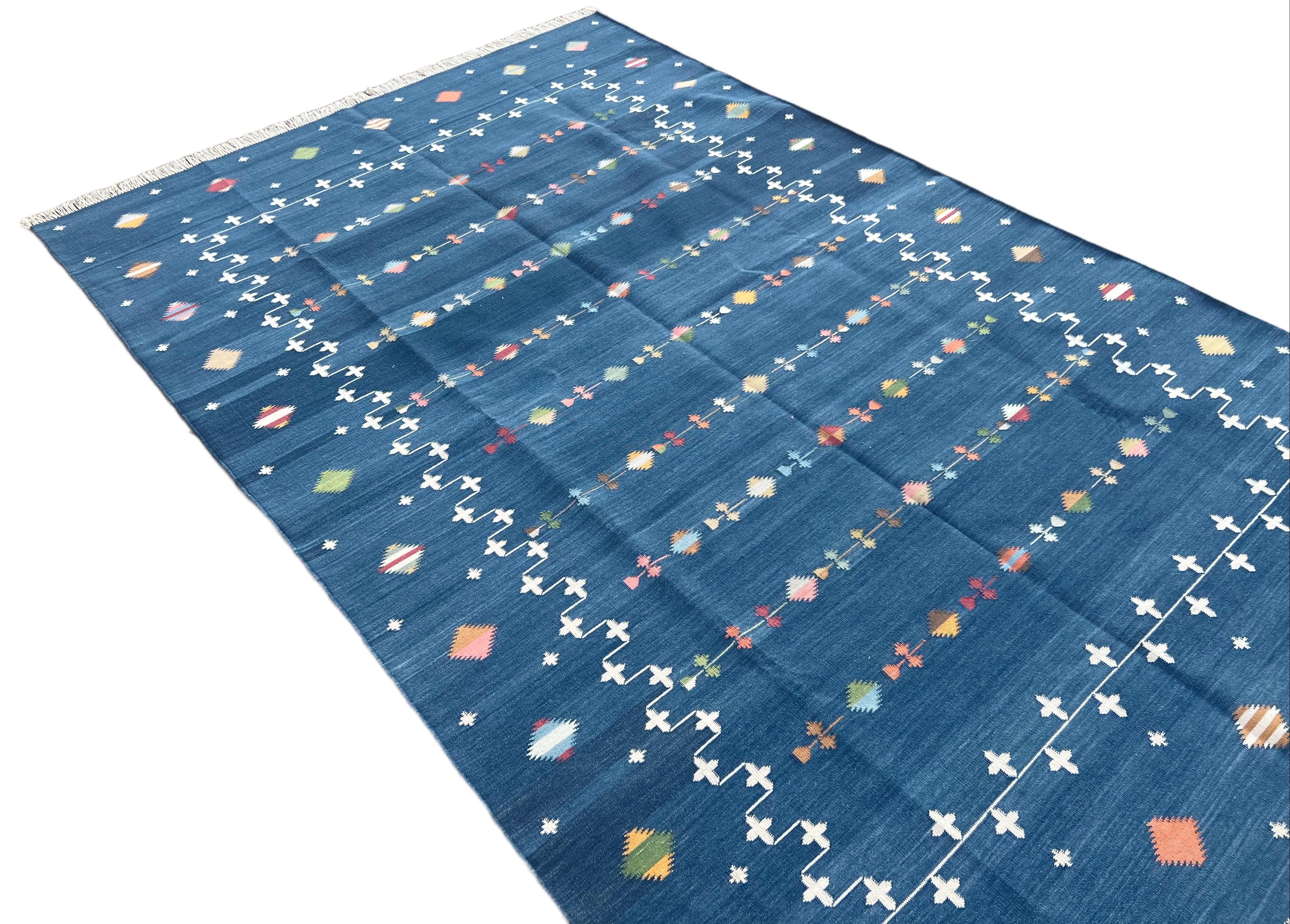 Hand-Woven Handmade Cotton Area Flat Weave Rug, 8x10 Blue Indian Shooting Star Dhurrie Rug For Sale