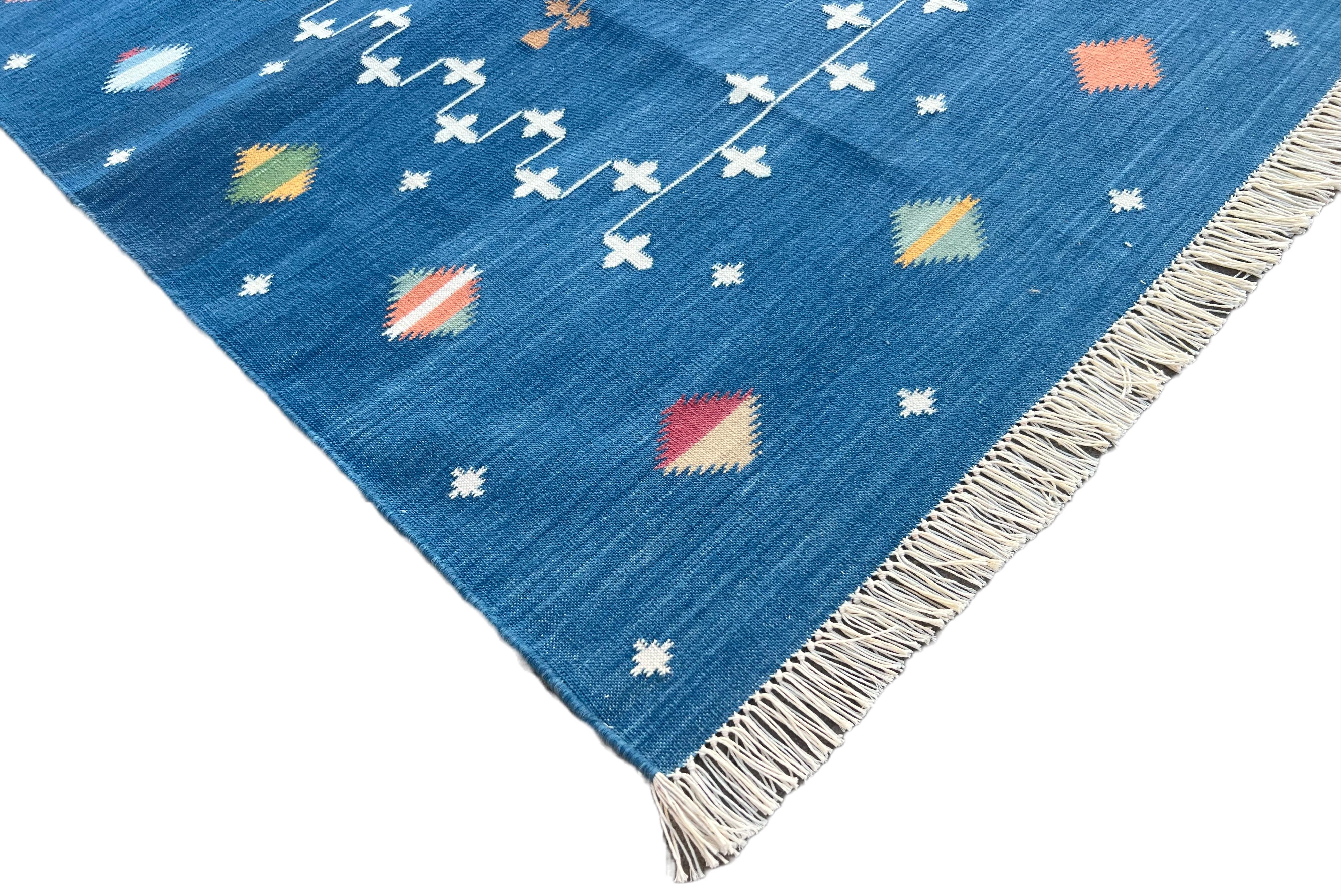 Handmade Cotton Area Flat Weave Rug, 8x10 Blue Indian Shooting Star Dhurrie Rug In New Condition For Sale In Jaipur, IN