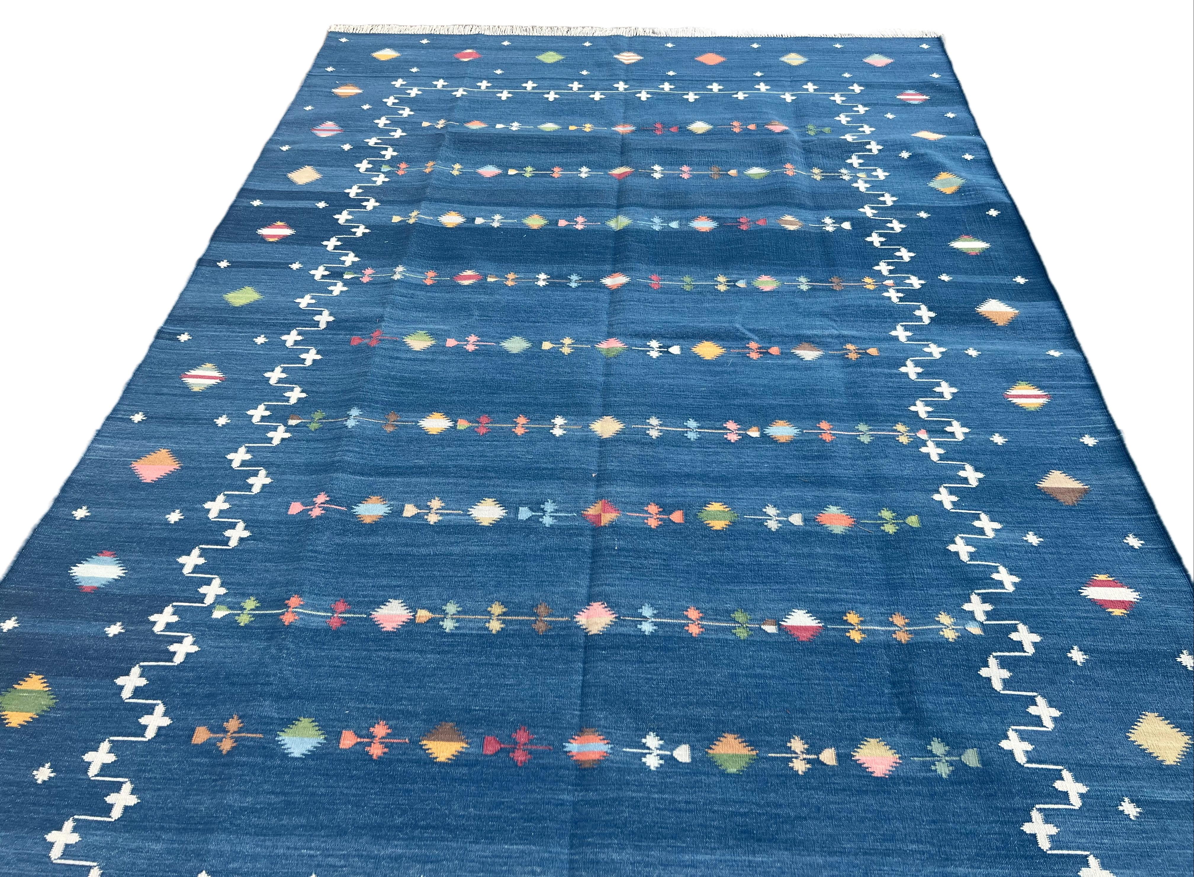 Contemporary Handmade Cotton Area Flat Weave Rug, 8x10 Blue Indian Shooting Star Dhurrie Rug For Sale