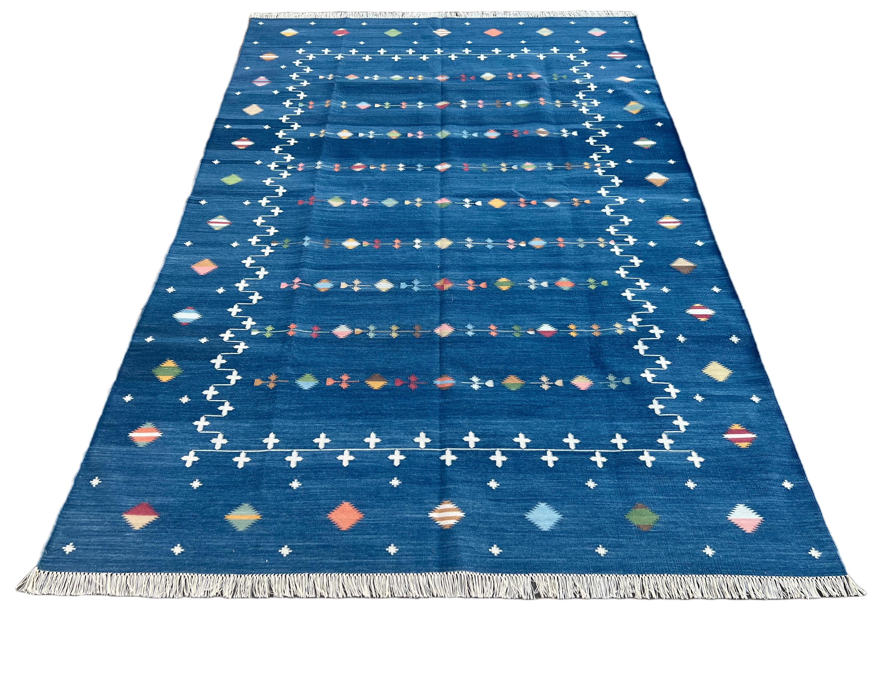 Handmade Cotton Area Flat Weave Rug, 8x10 Blue Indian Shooting Star Dhurrie Rug For Sale 1