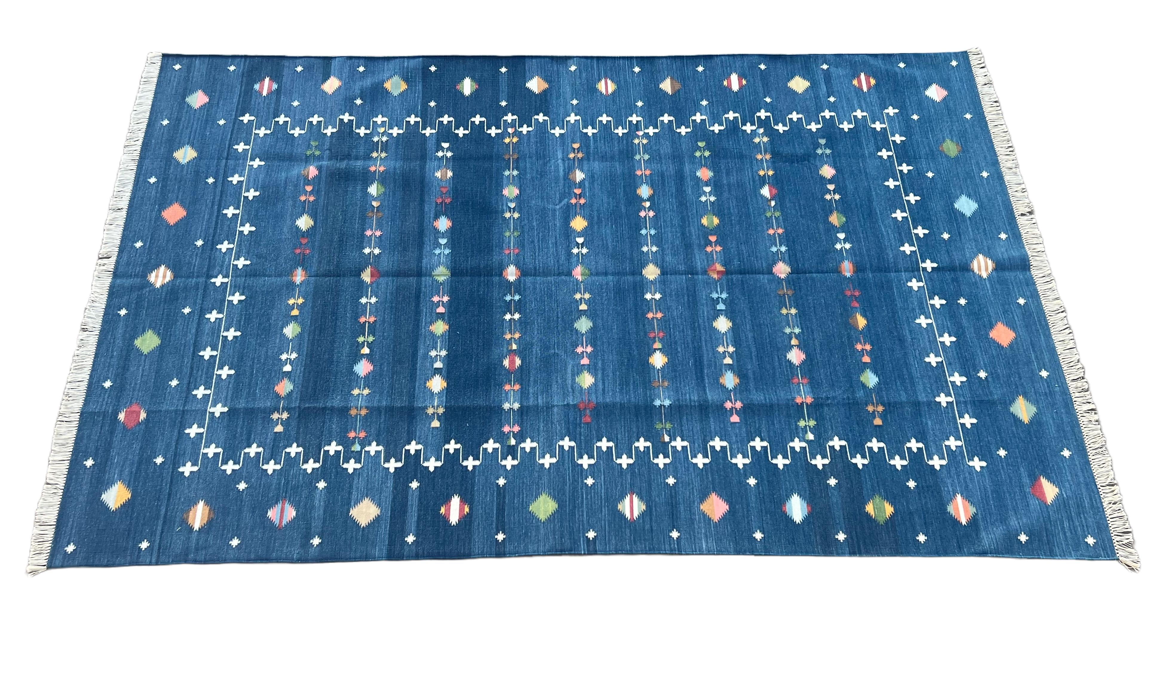 Handmade Cotton Area Flat Weave Rug, 8x10 Blue Indian Shooting Star Dhurrie Rug For Sale 2